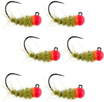 The Fly Fishing Place Tungsten Bead Hot Bead Walts Worm Tactical Jig Czech Euro Nymph Spanish Barbless Nymphing Fly - 6 Flies Size 16