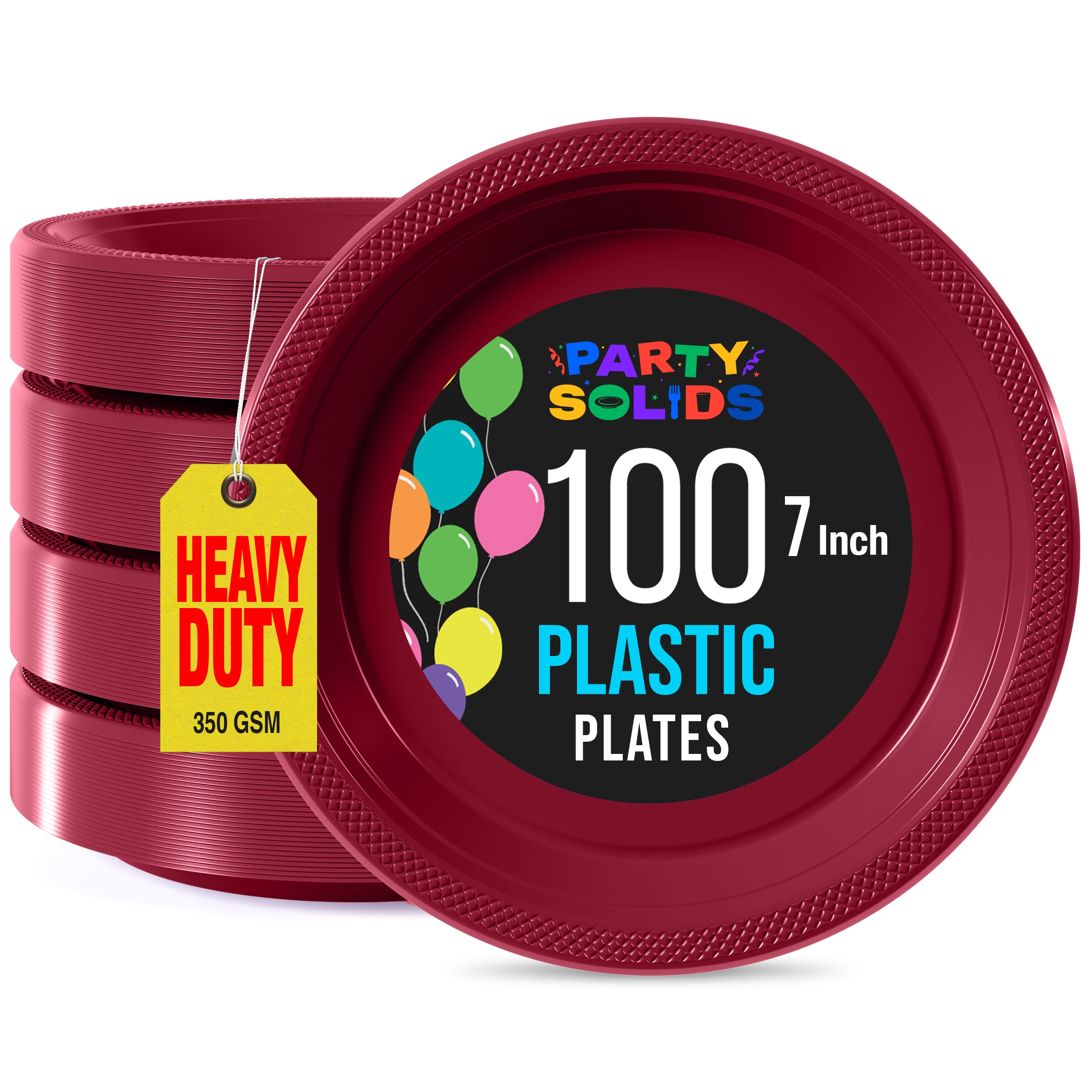 Party Solids Burgundy Plastic Plates - 7 Inch, 100 Pack, 350 GSM