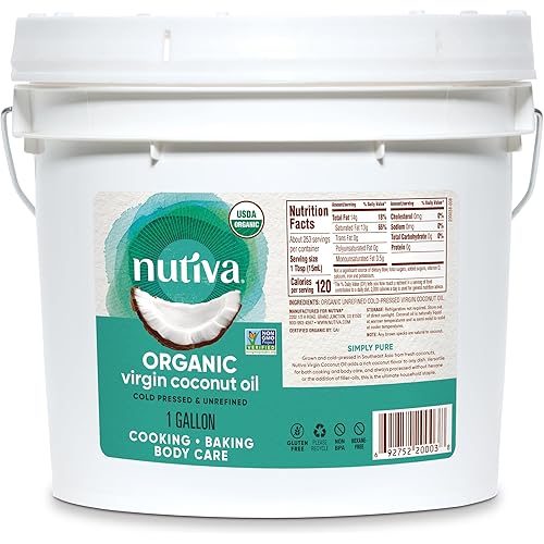 Nutiva Organic Cold-Pressed Virgin Coconut Oil, 1 Gallon, USDA Organic, Non-GMO, Whole 30 Approved, Vegan, Keto, Fresh Flavor and Aroma for Cooking & Healthy Skin and Hair