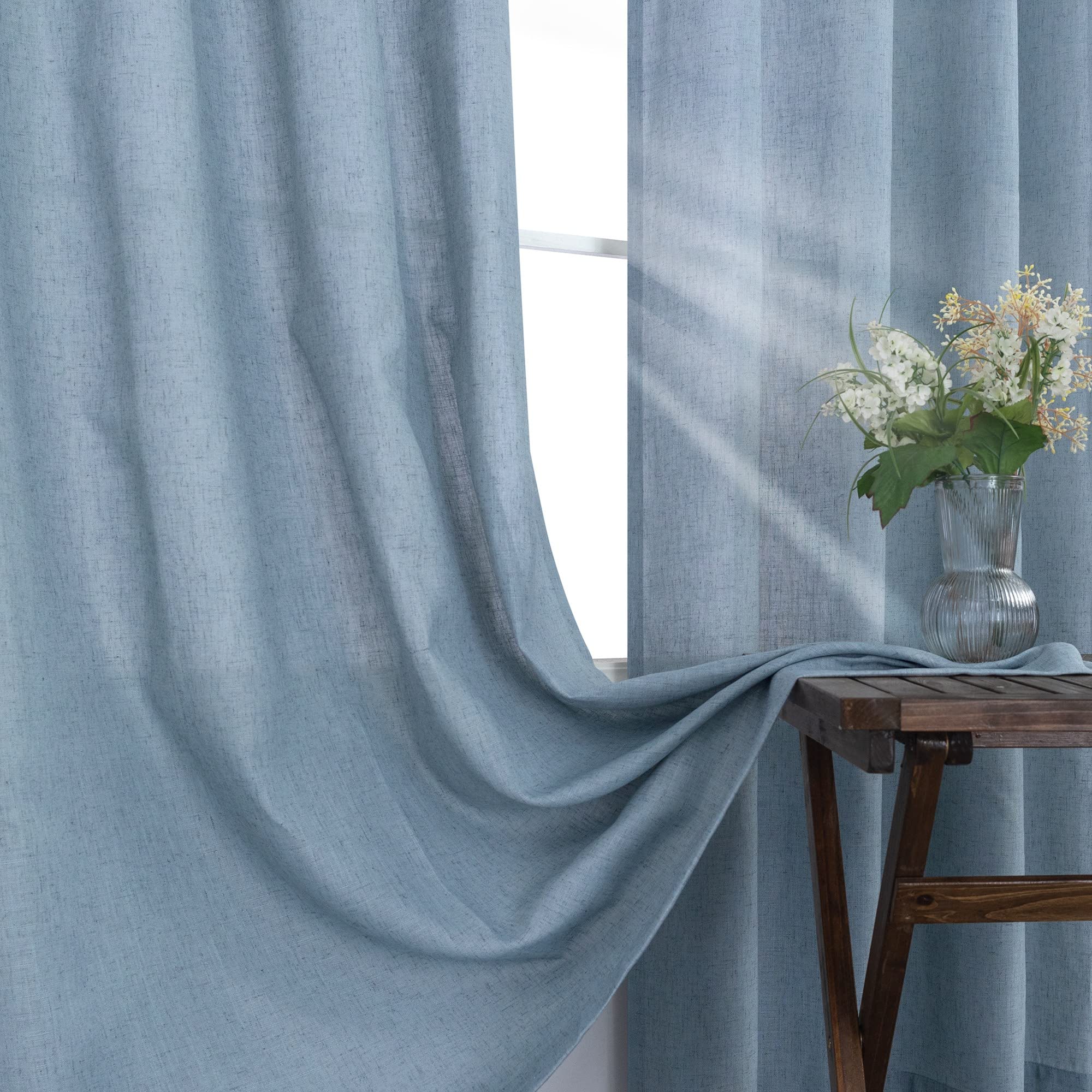 KOUFALL Stone Blue Linen Curtains for Bedroom,2 Panels Bronze Grommet Semi Sheer Dusty Blue Curtains for Living Room,Grey Blue,84 Inch Length 2 Panels