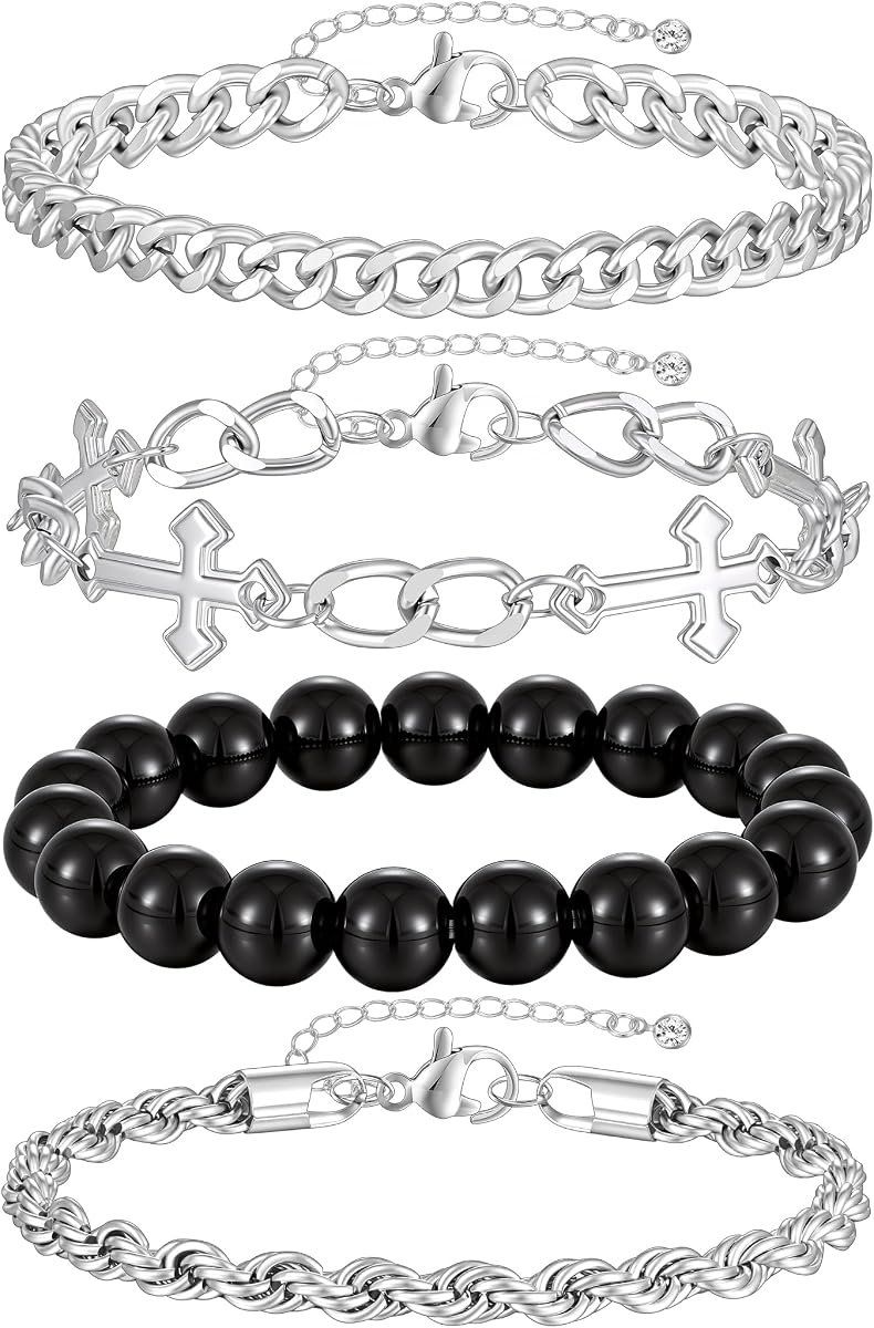 4pcs Bracelets for Men Women Silver/Gold/Black Cross Cuban Zircon Link Rope Chain Bracelets Set Stainless Steel Adjustable Metal Bracelet Mens Fashion Accessories Jewelry Set