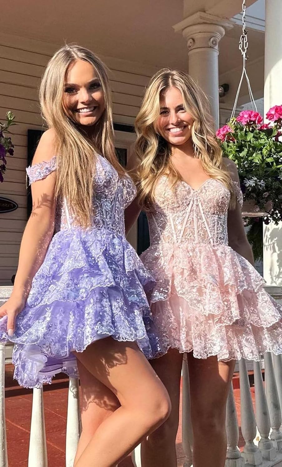 Women's Lace Sparkly Tulle Homecoming Dresses Off Shoulder Prom Party Dress for Teens Lace Applique Tiered A-line