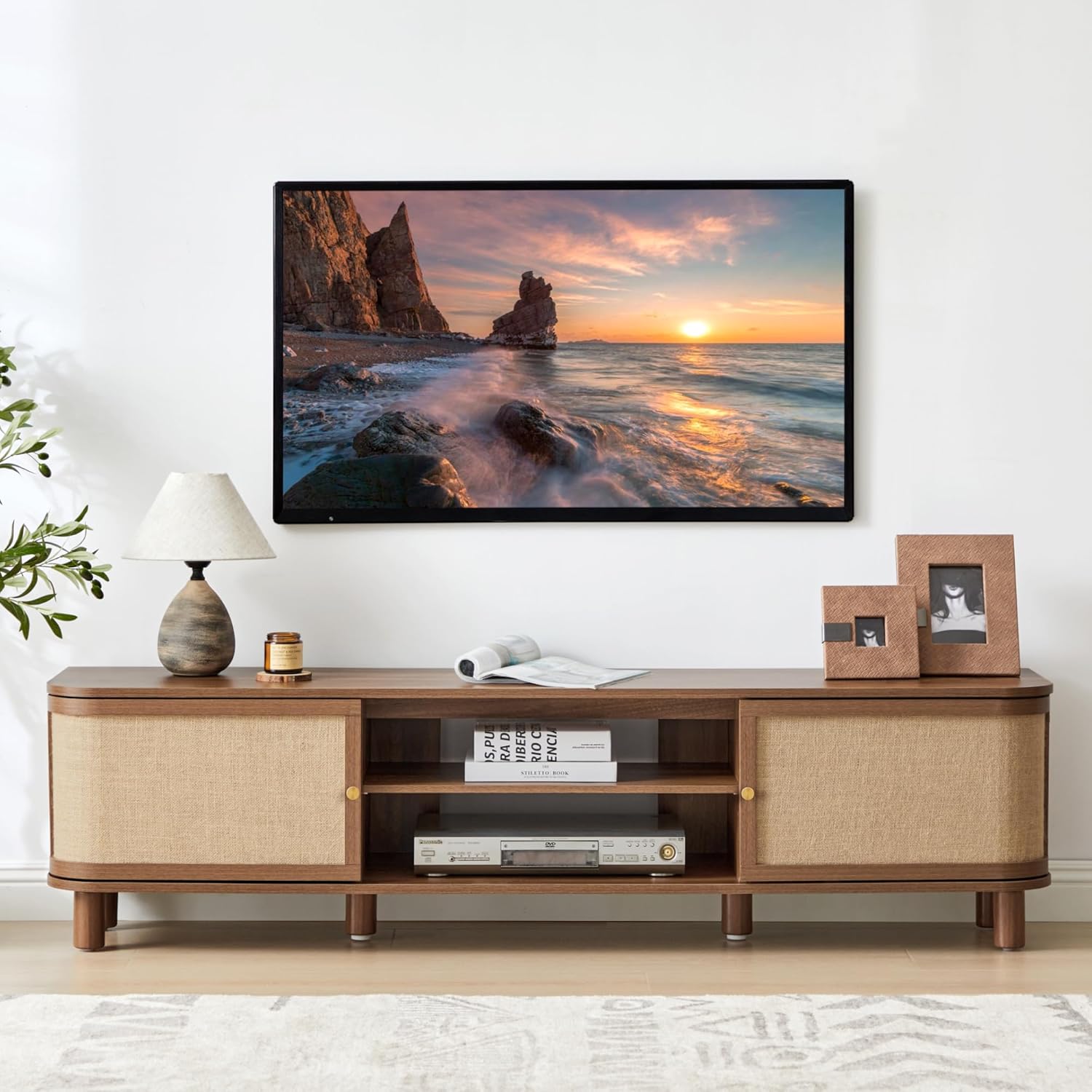 AVZEAR Curved Profile Farmhouse TV Stand for TVs Up to 70 Inches, Mid Century Modern Entertainment Center with Storage & Natural Linen Doors, Large Media Console for Living Room, Bedroom, Walnut