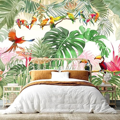 Papel tapiz tropical con hojas de plátano, Monstera y pájaro, para sala de estar, dormitorio, baño, oficina (no se pega ni se pega)