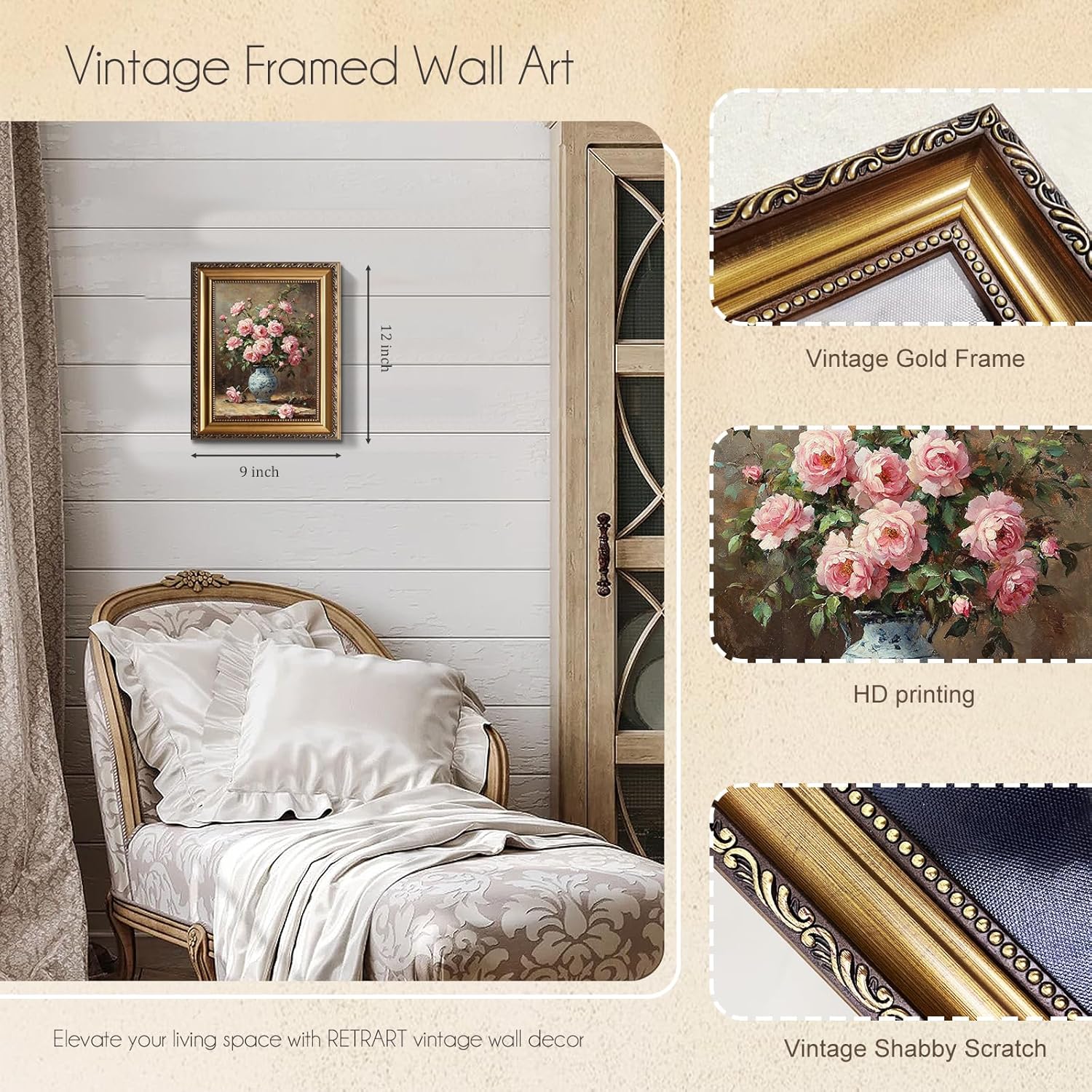 Gold Framed Wall art, Moody's Pink Peonies with Retro Gold Frame, Vintage Floral Wall Art Farmhouse Decor for Bedroom, Living Room, Bathroom, 9x12" Framed Canvas Print