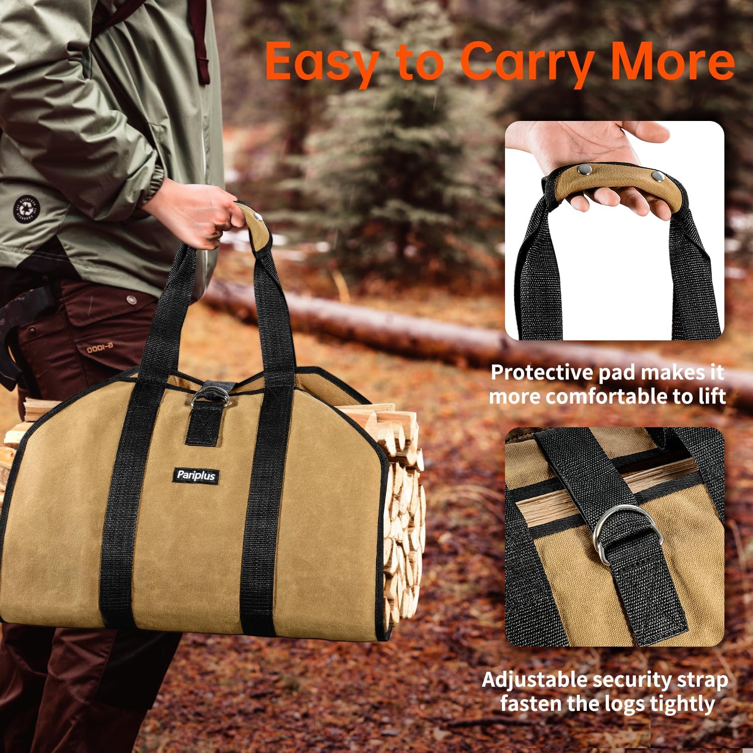 Firewood Carrier with Handles - Sturdy Canvas Log Carrier for Firewood, Wood Carrying Bag for Camping, Fireplace, Wood Stove - Durable and Easy to Carry, Brown - Image 4