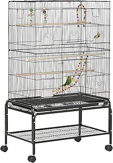 PawHut Large Bird Cage Budgie Cage with Stand, Toys, Wheels, Accessories, Storage Shelf for Canaries, Finches, Lovebirds, Parakeets - Black, 79 x 49 x 133 cm