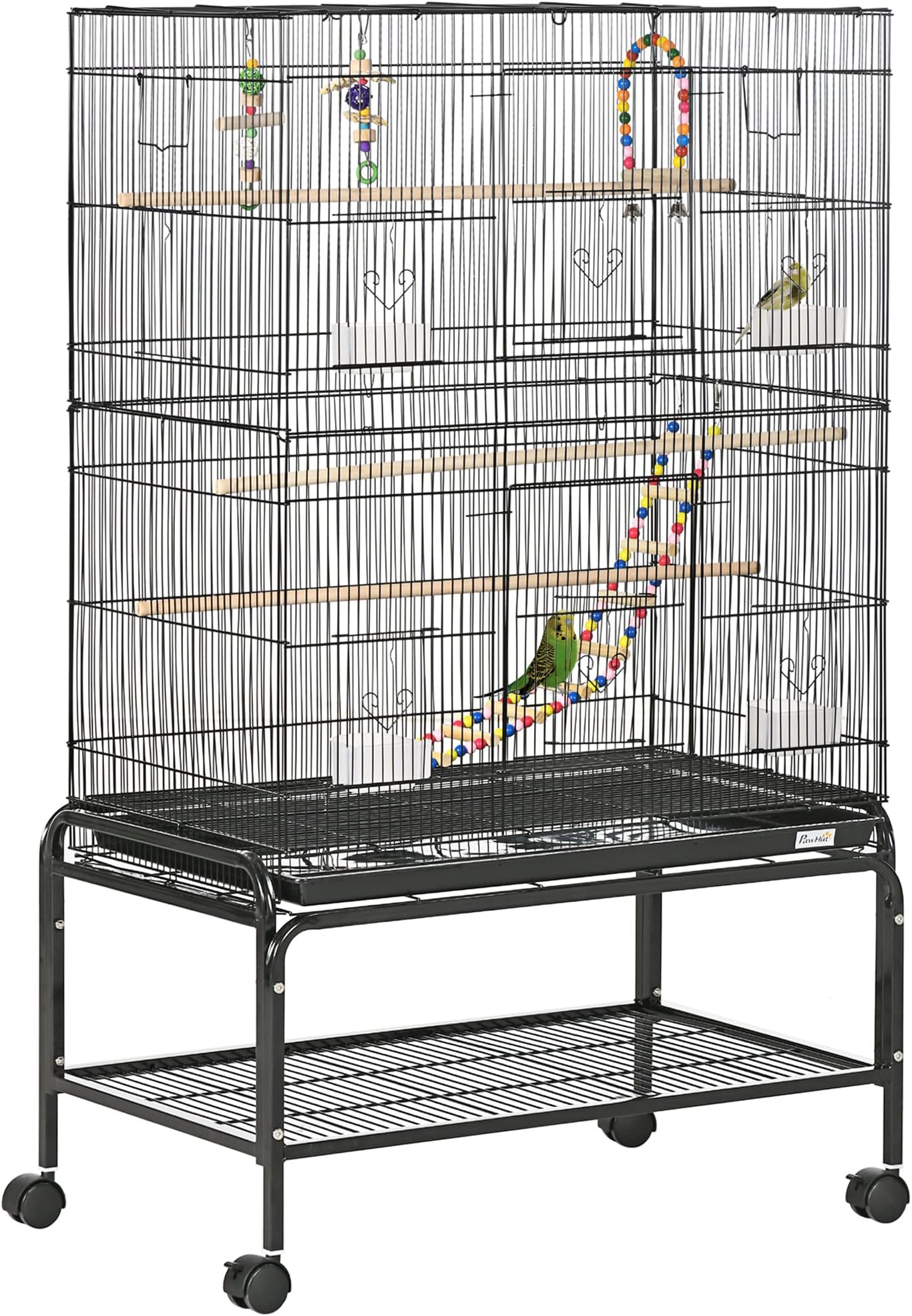 PawHut Large Bird Cage Budgie Cage with Stand, Toys, Wheels, Accessories, Storage Shelf for Canaries, Finches, Lovebirds, Parakeets - Black, 79 x 49 x 133 cm