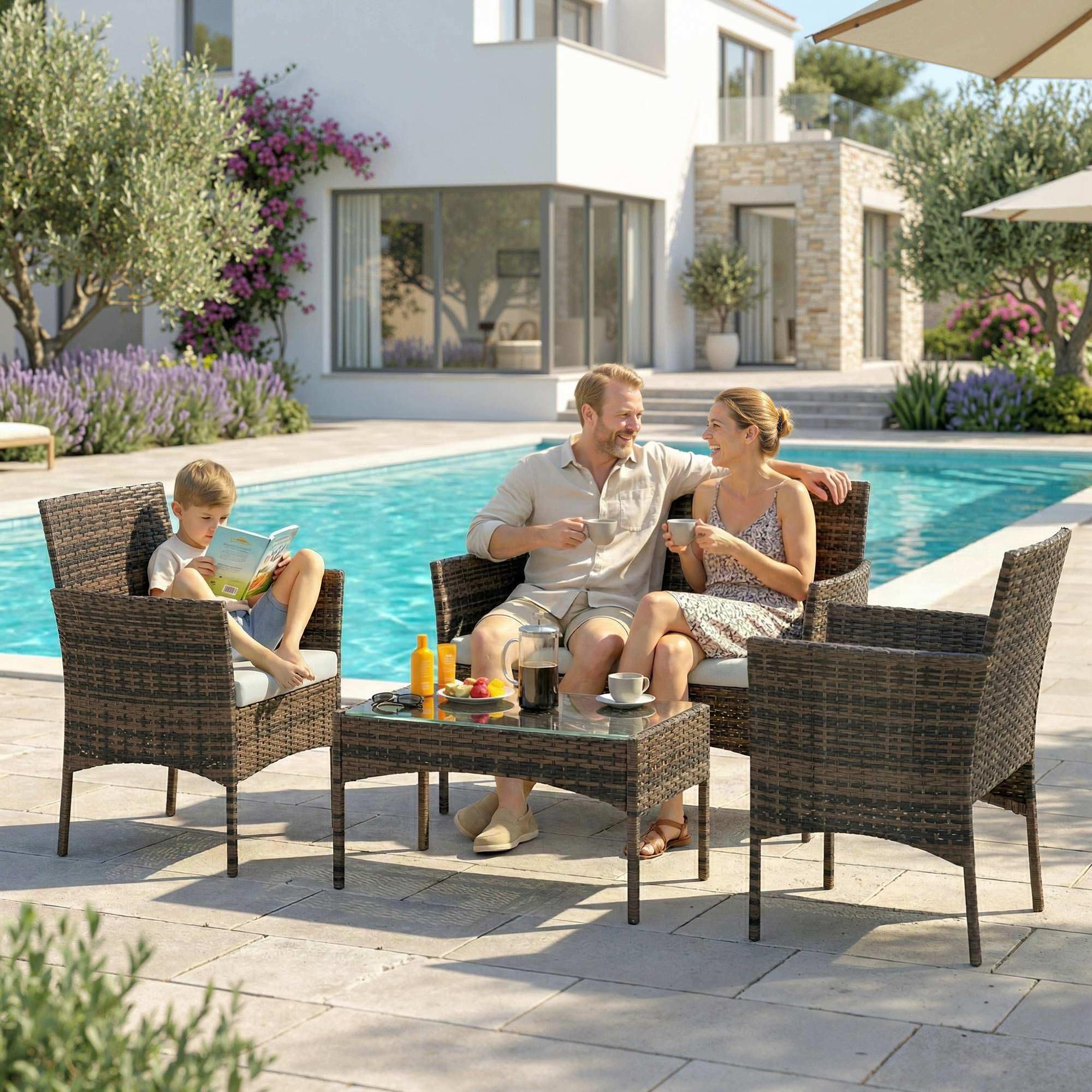 Outsunny Salon de Jardin extérieur 4 Personnes, Salon de Balcon en résine tressée avec canapés et Table Basse en Verre trempé, Coussins déhoussables Inclus, pour Patio Balcon terrasse, Beige