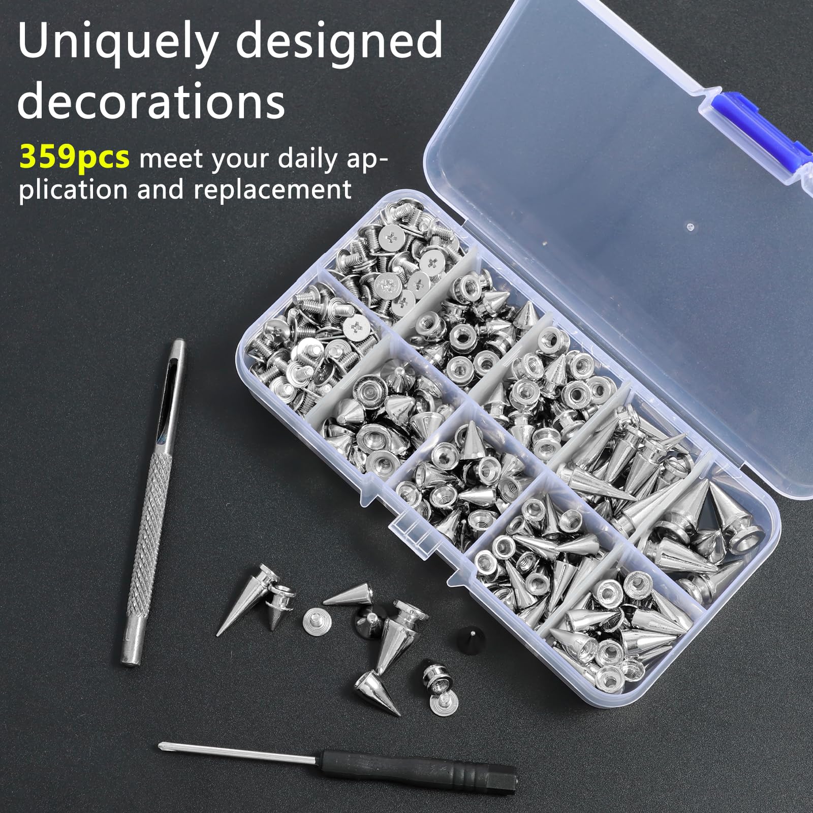 Kit di 354 punte e borchie punk, punte coniche di 8 misure, albero di