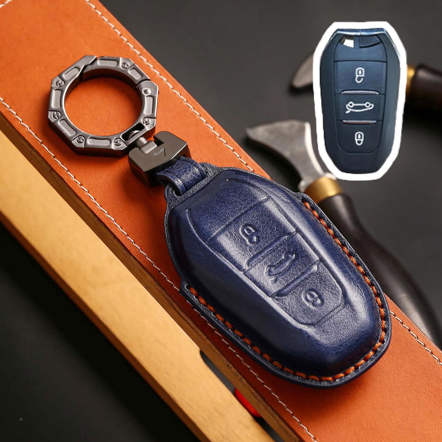KUNIO Car Key Fob Cover Fit for Peugeot 308 408 508 208 3008 5008 Citroen Grand C4 Picasso C4L Key Protective Cover Keychain Leather Key Holder 3 Buttons Blue