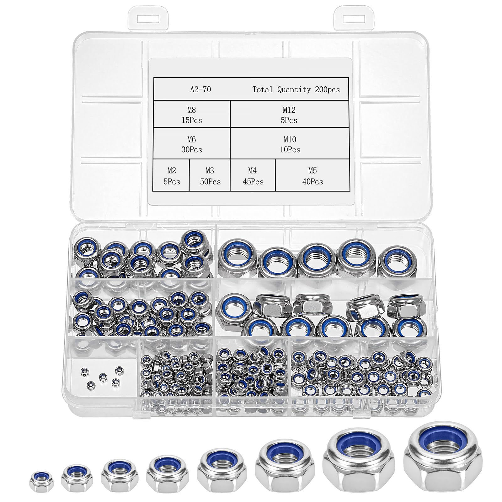 200 pezzi dadi autobloccanti, dadi di bloccaggio in acciaio inox A2-70, set di 8 dadi di dimensione: M2, M3, M4, M5, M6, M8, M10, M12.