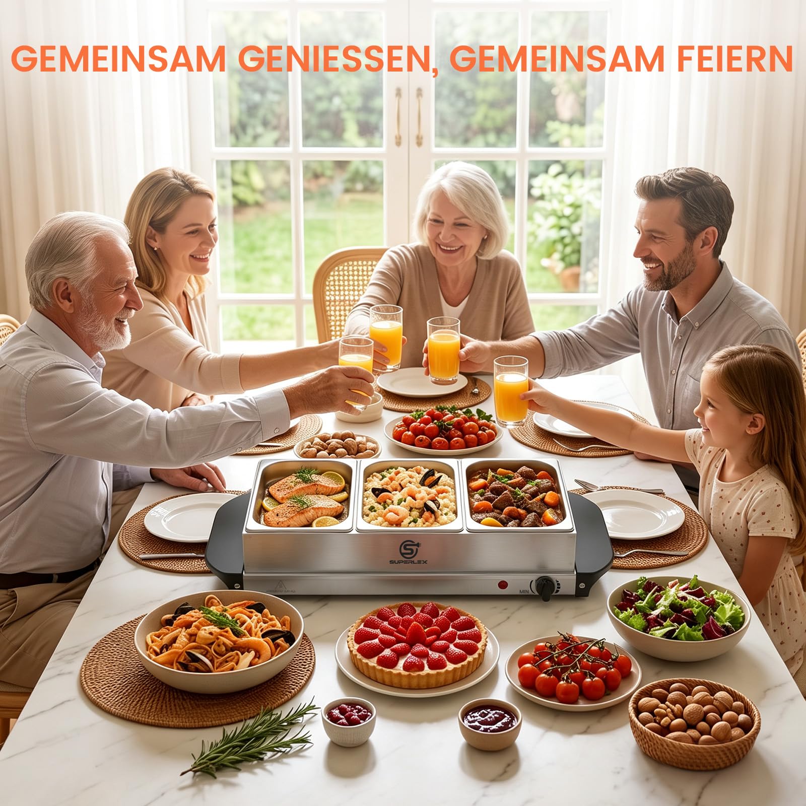 2in1 Warmhalteplatte und Buffetwärmer aus Edelstahl 200W mit 3x1,2L Speisebehältern Gleichmäßige Wärme Speisewärmer für Buffets Partys Familienessen Catering Events Kompakt Leicht Reinigung