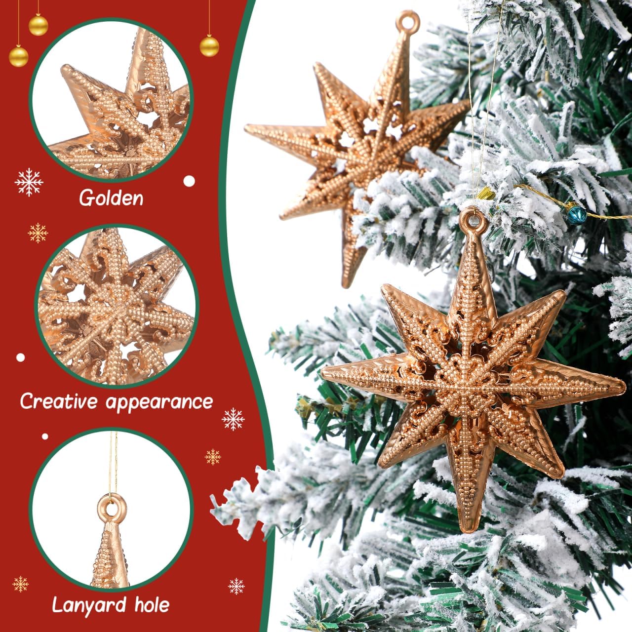 Tofficu 12 Pcs Christmas Gold Star Hanging Ornaments, Plastic Glitter Ornaments, Christmas Tree Decoration, 3D 8 Point Tree Hanging Pendants for Holiday Wedding Xmas Party