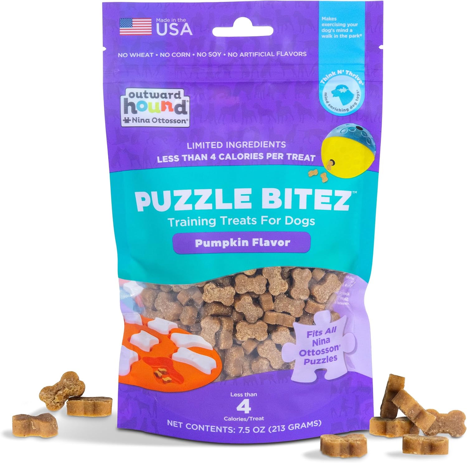 Outward Hound Nina Ottosson Puzzle Bitez Pumpkin Dog Treats - USA Made Natural Bite-Sized Rewards for Puzzles & Training, 7.5oz