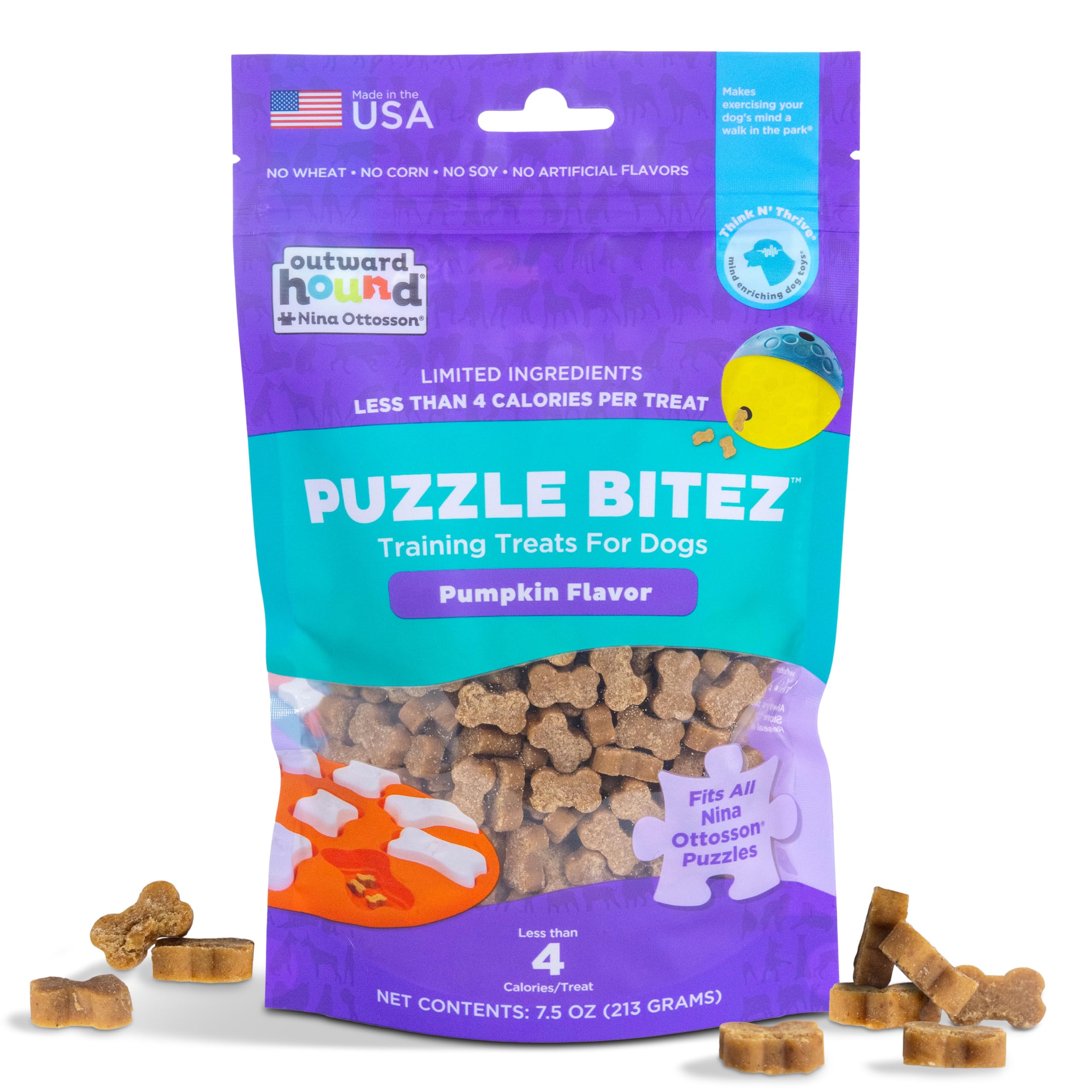 Nina Ottosson Puzzle Bitez Dog Treats, Pumpkin, 7.5 oz | USA Made, Healthy Bite-Sized Treats for Training Reward & Interactive Puzzle Toys, No Artificial Additives, Dogs & Puppies