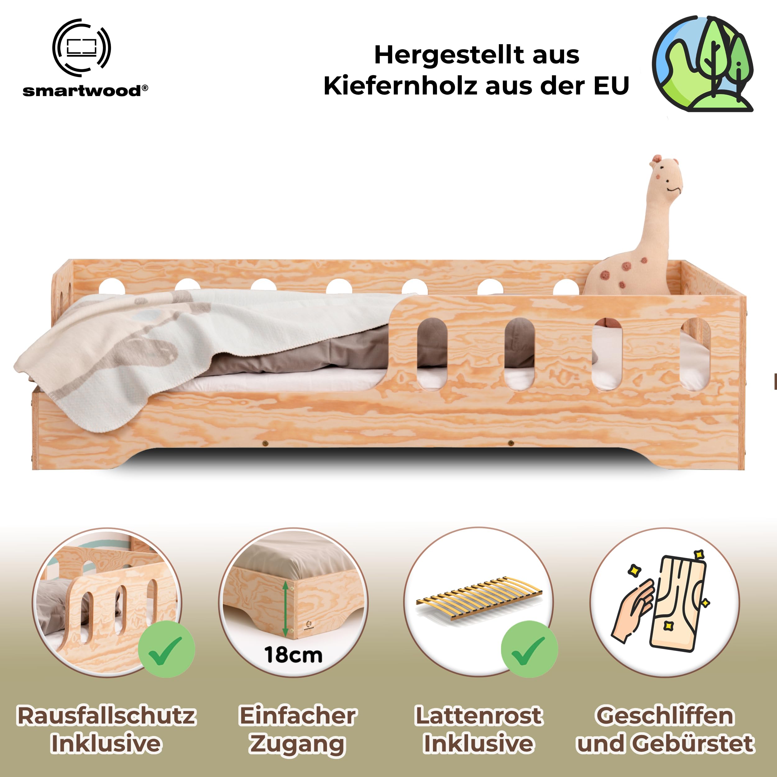 smartwood Bodenbett 90x200 cm mit Rausfallschutz, Holz, TILA 1L | Montessori Kinderbett, Lattenrost belastbar bis 230 kg, FSC-Zertifikat, abgerundete Kanten, Einfache Montage, ab 3 Jahren