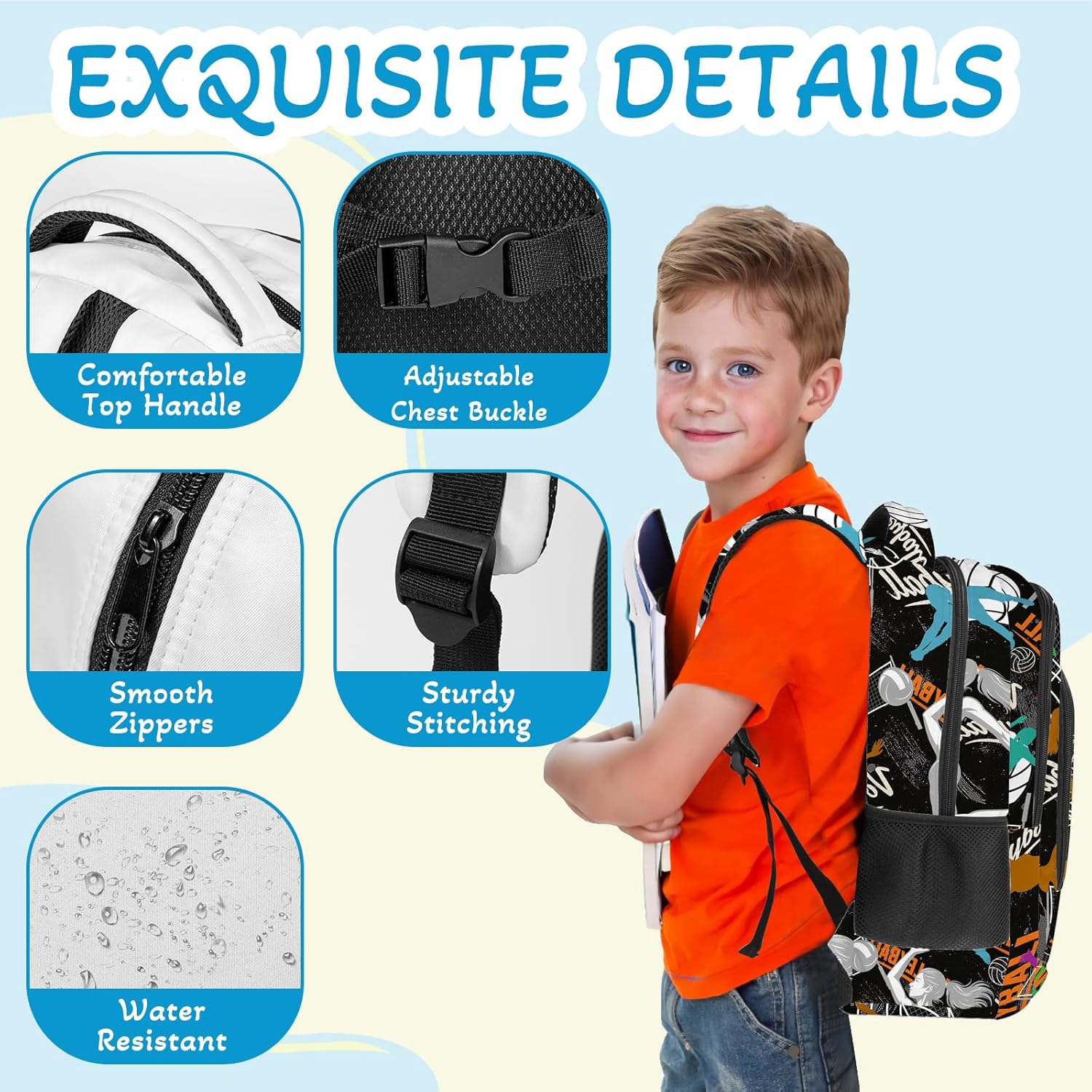 Volleyball Backpack for Kids,School Bookbag Large Capacity Adjustable Bookbag Durable Lighting Multi Pockets School Bag Daypack Travel (Volleyball) - Image 4