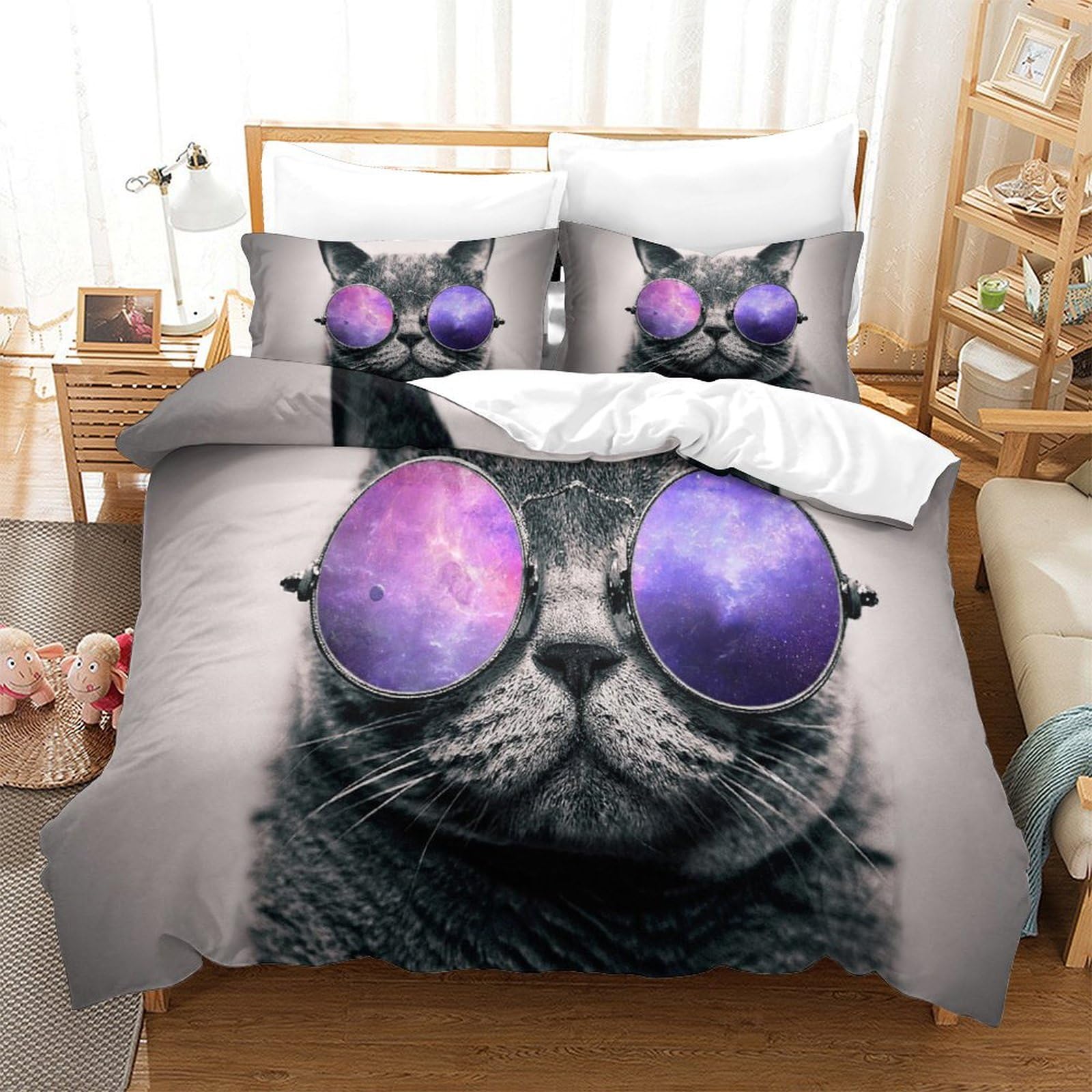 Housse de couette chat microfibre anti-plis lit 260x220 respirante 3D