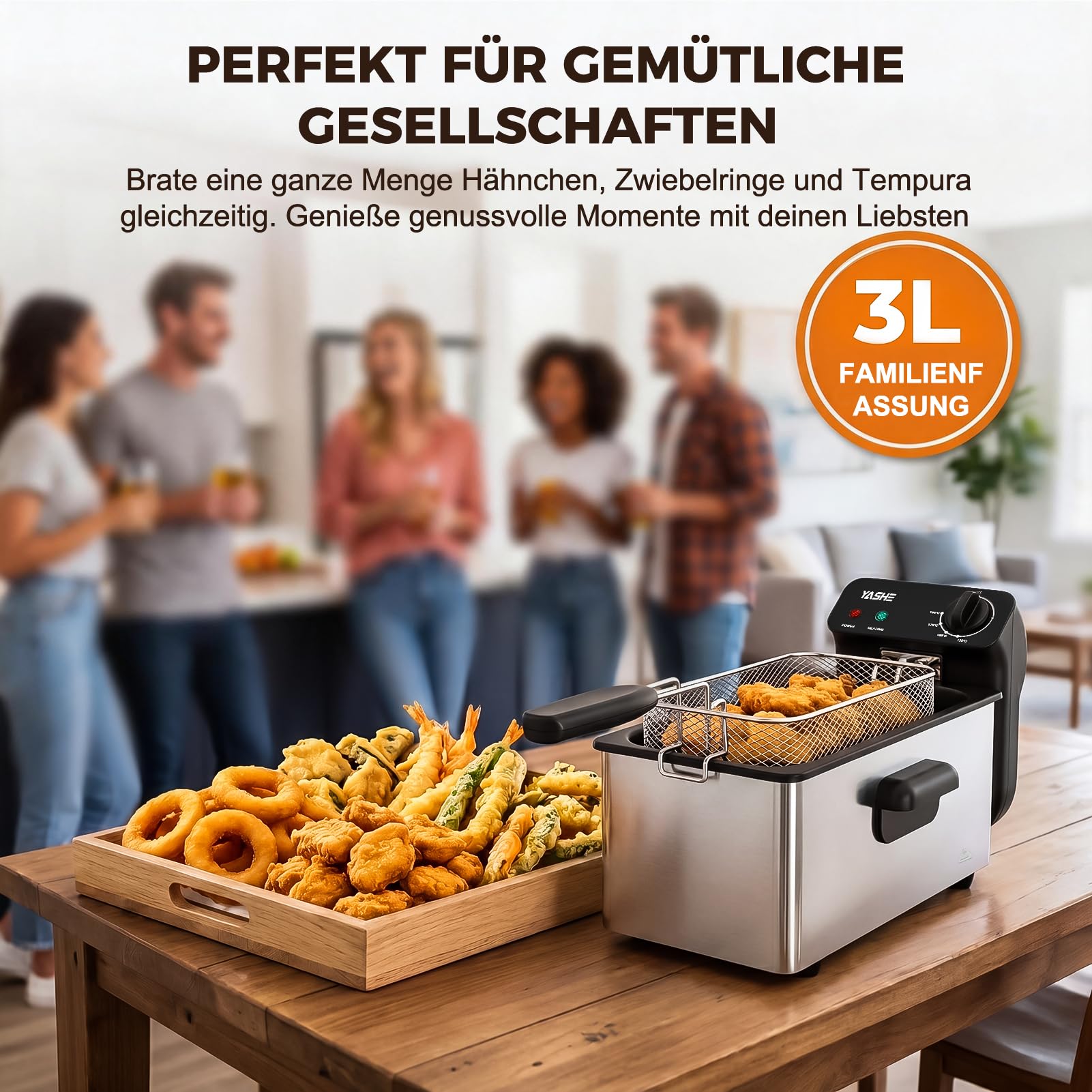 YASHE Friteuse mit Fett 3L, 2000 W mit Sichtfenster | Mit Temperaturregelung, Herausnehmbarem Korb & Ölbehälter, Edelstahl, Leicht zu Reinigen