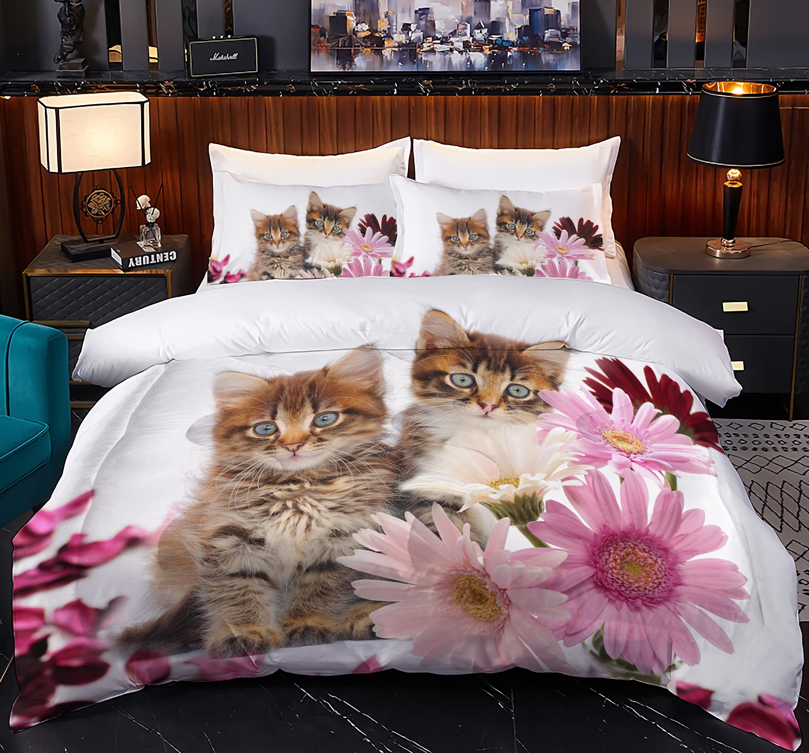 Parure de lit chat housse de couette lit simple avec taies d'oreiller