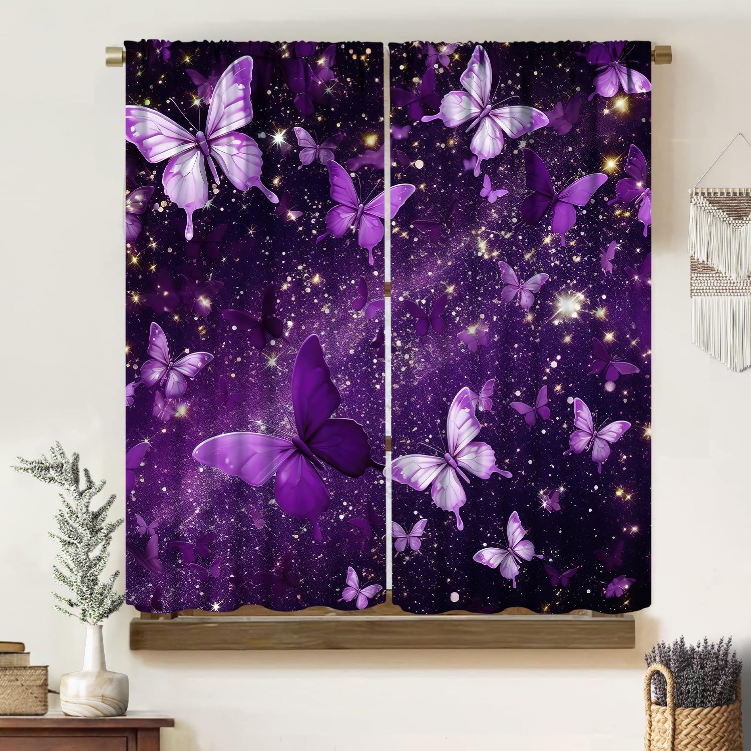 Fantastic Butterfly Curtains, Baroque Dazzling Golden Star Abstract Purple Galaxy Universe Moth Seamless Pattern Window Treatments, Blackout Rod Pocket Drapes For Living Room Bedroom Kitchen 42x45in