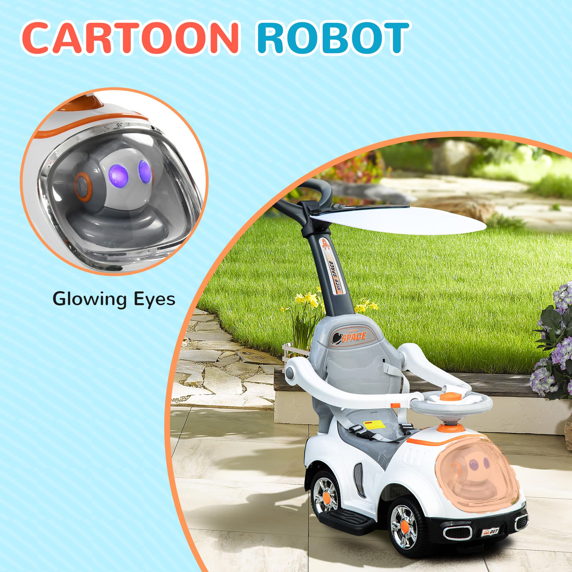 AIYAPLAY 3 in 1 Ride on Push Car, Cartoon Robot Theme Foot to Floor Slider, Baby Push Along Car with Parent Handle - Image 4