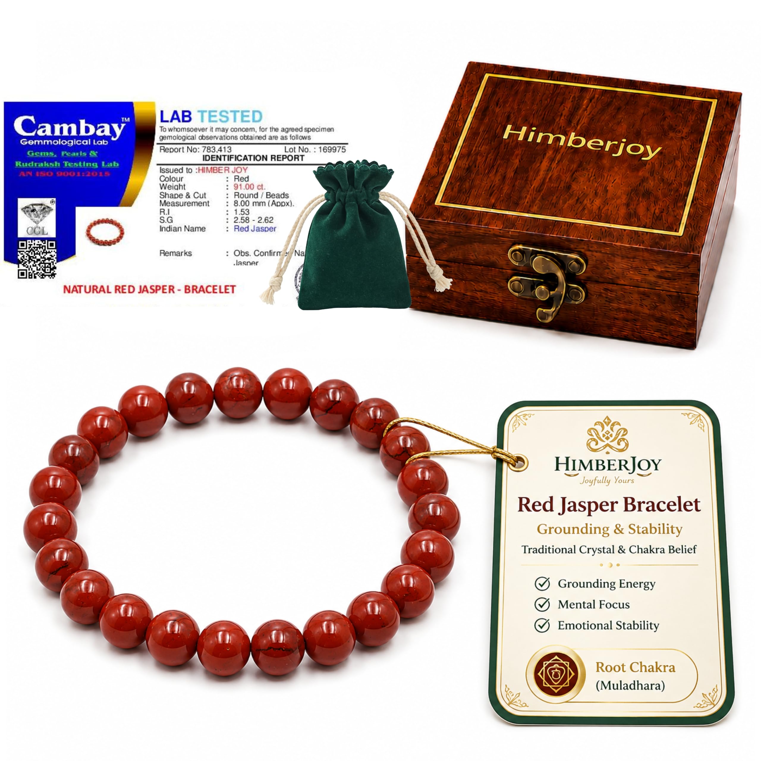 HimberJoy Red Jasper Bracelet for Men & Women – Original Certified Root Chakra Stone for Grounding, Focus & Stability – Natural Beaded Crystal Jewellery Gift in Sheesham Wooden Box-image-22