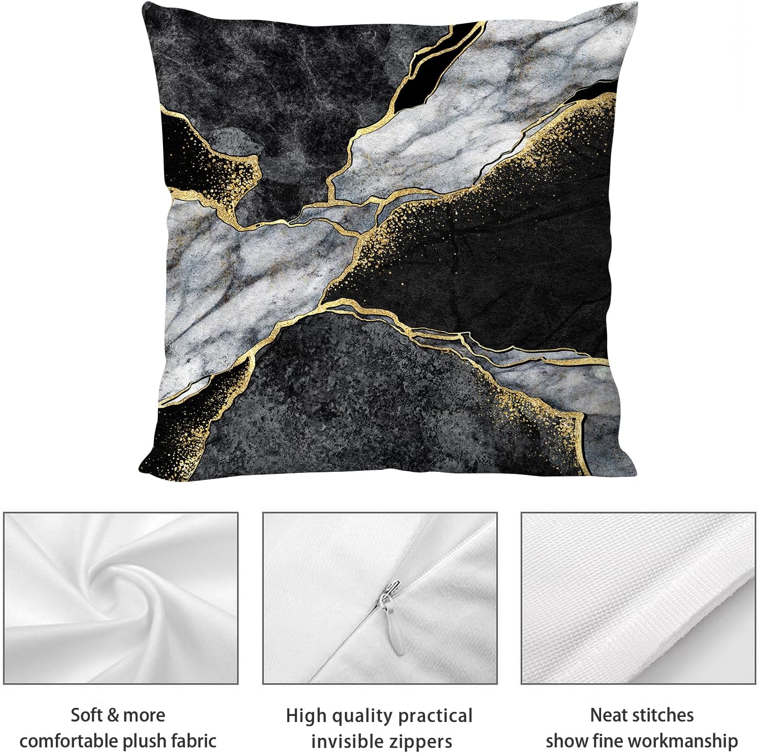 Black Gold Marble Texture Decorative Pillow Covers 18x18 Set of 4, Gold and Black Grey Throw Pillow Cases for Couch Sofa Bedroom Living Room Decor Home Cushion Cover,Black Gold Living Room Decoration thumbnail