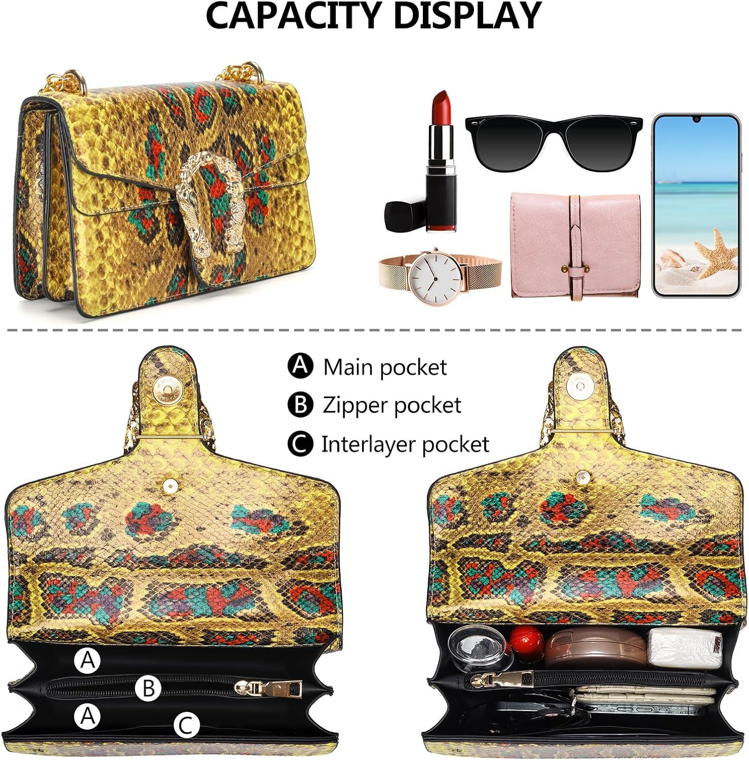 Leather Shoulder Bag Chain Purse for Women - Fashion Crossbody Bags Vintage Snake Print Underarm Bag Square Satchel Handbag - Image 6