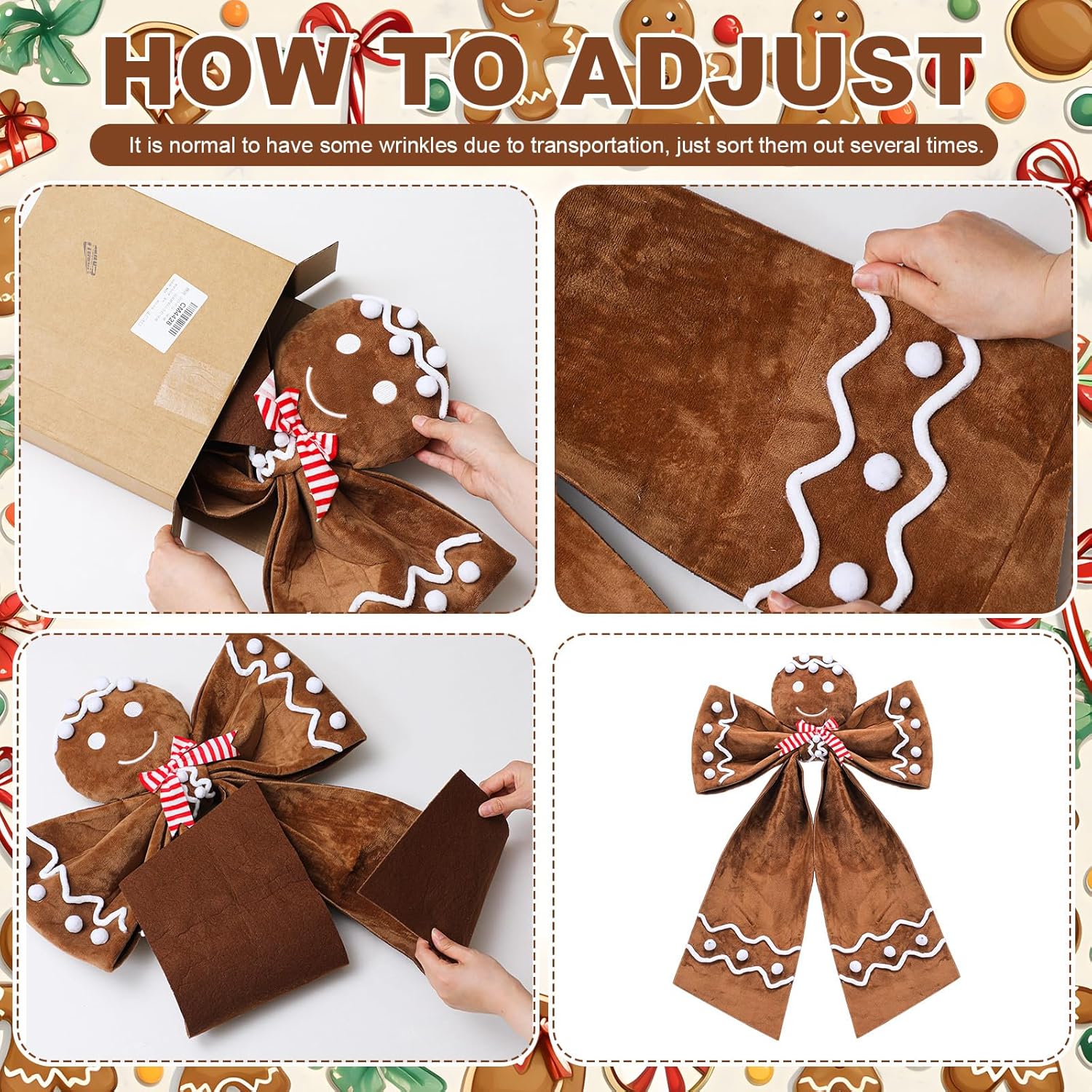 20 x 28 Extra Large Christmas Gingerbread Bow Tree Topper Wreath Brown Velvet Tree Topper Ornament Gingerbread Hanging Decor Gifts for Christmas Xmas Door Window Holiday Decorations