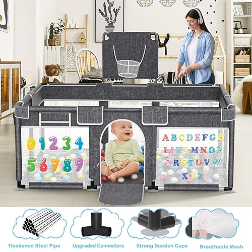 Miniatura 8 de Corralito para bebés con tapete de juego, 71 x 51 pulgadas, corralito extra grande con puerta, valla para bebés y exteriores, patio de juegos