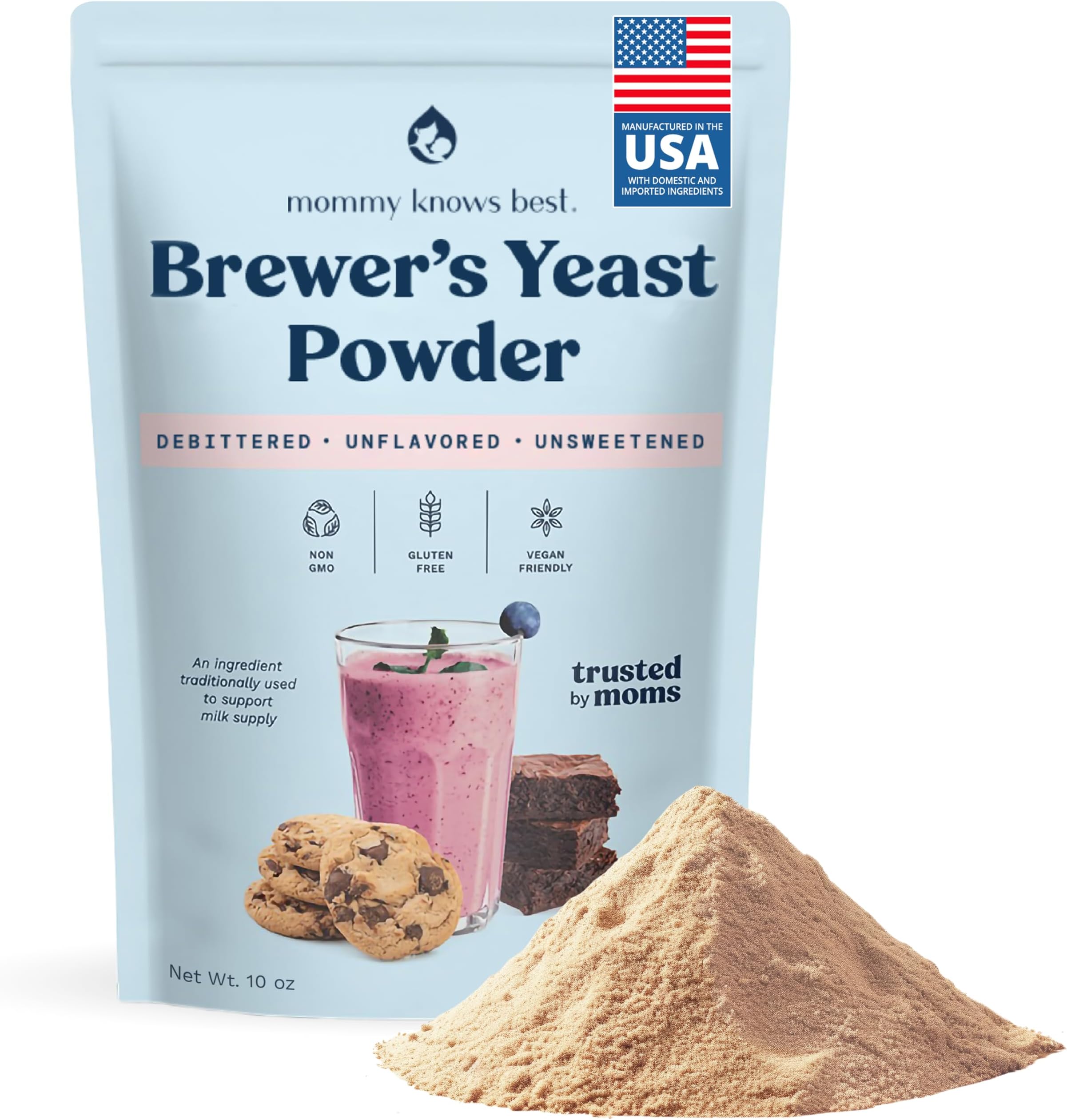 Mommy Knows Best Brewer's Yeast Powder for Lactation Support for Breastfeeding | Mild-Tasting, Debittered, Delicious in Lactation Cookies, Smoothies, Lactation Recipes, Gluten-Free, 10 oz