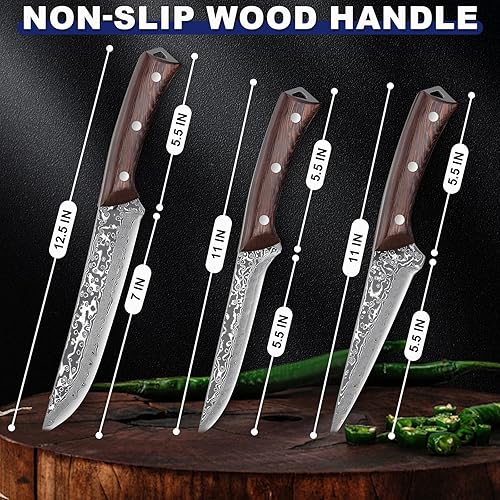 Miniatura 6 de PURPLEBIRD Juego de 3 cuchillos deshuesadores para cortar carne, juego de cuchillos de carnicero afilados, cuchillos japoneses de espiga completa