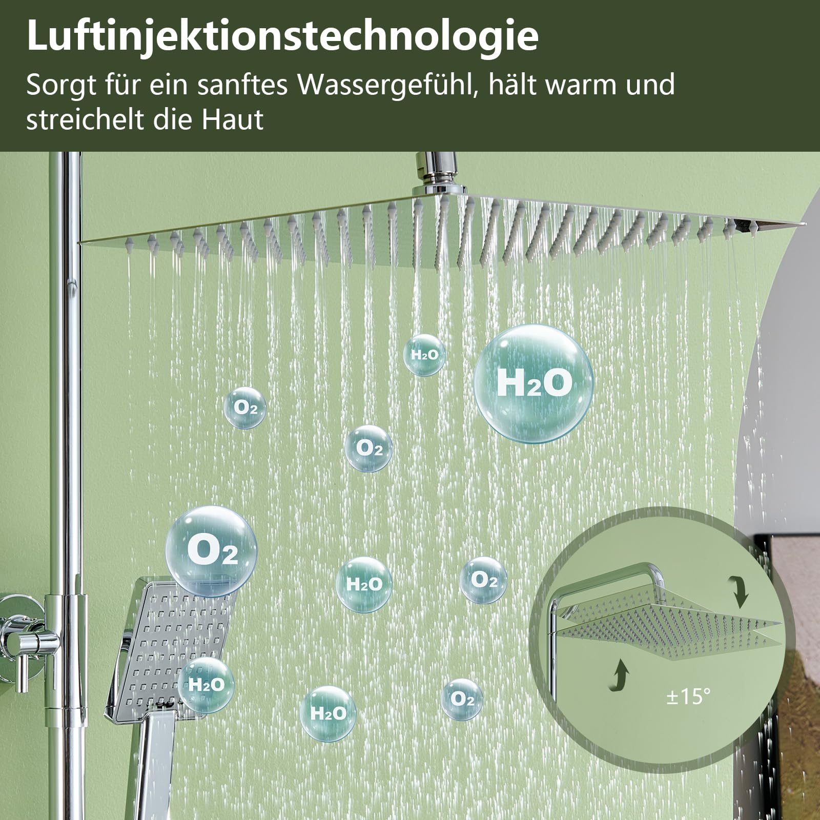 Duschsystem mit Thermostat Edelstahl Regendusche 12" Quadratische Regenbrause Handbrause eine Strahlart Duscharmatur Komplettset Höhenverstellbar mit Anti-Verbrühungsschutz Wassersparend