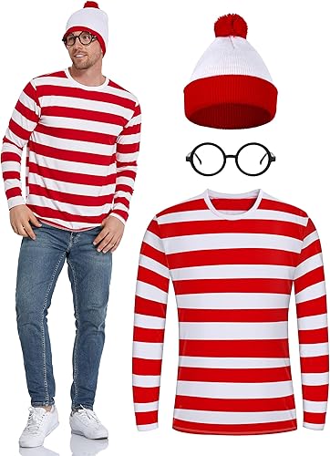 URATOT Conjunto de disfraz de Halloween para hombre adulto, camiseta a rayas rojas y blancas, gorros con gafas nerd