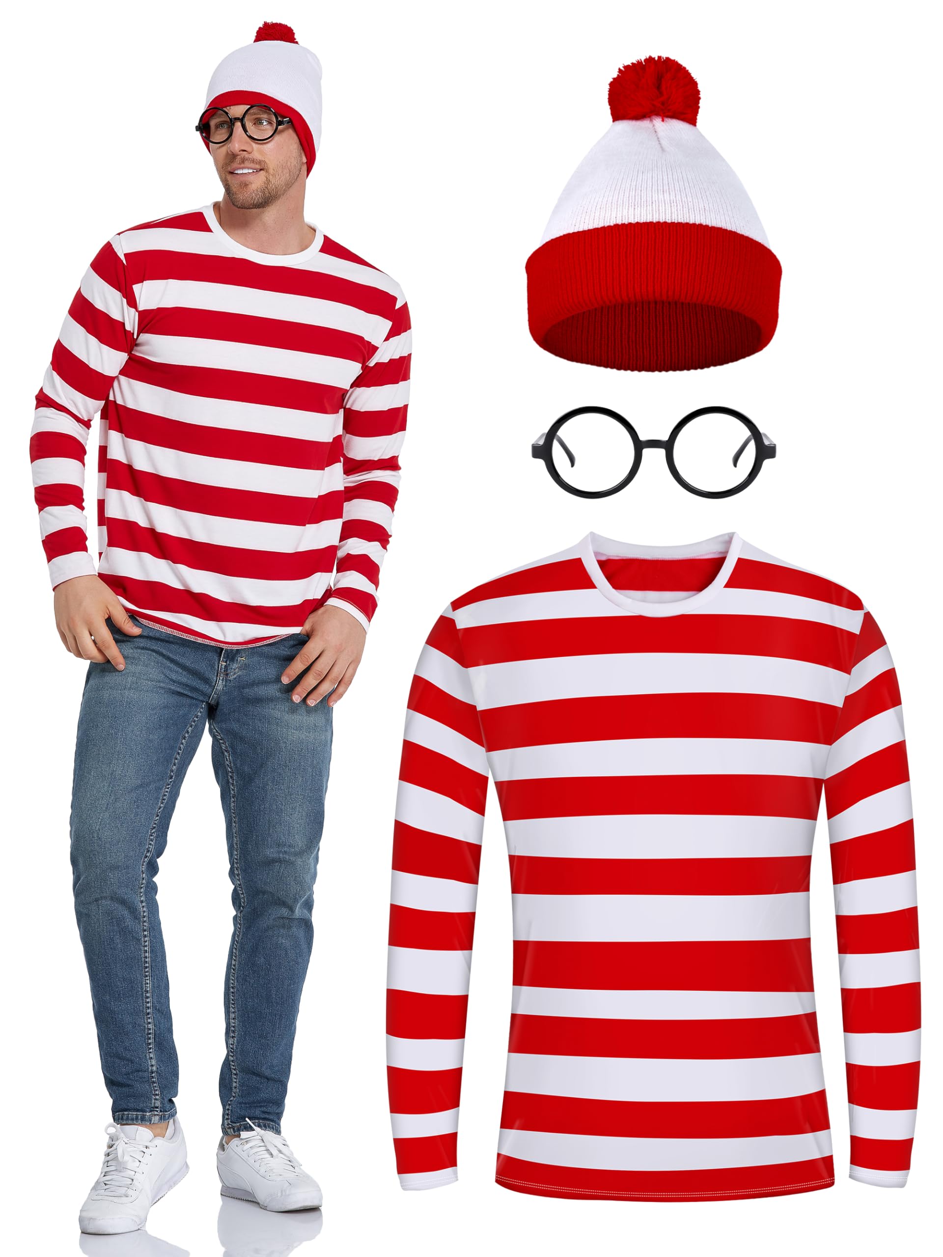 URATOT Adult Men Halloween Costume Sets Red and White Striped Tee Shirt Beanies with Nerd Glasses