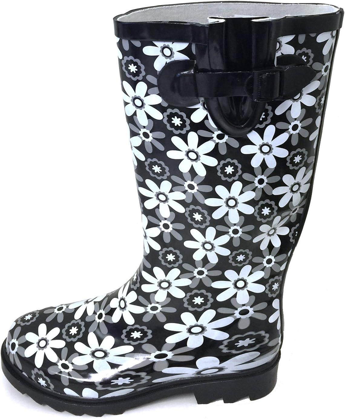 G4U Women's Rain Boots Multiple Styles Color Mid Calf Buckle Fashion Rubber Knee High Snow Shoes (9 B(M) US, Black/White Flowers)