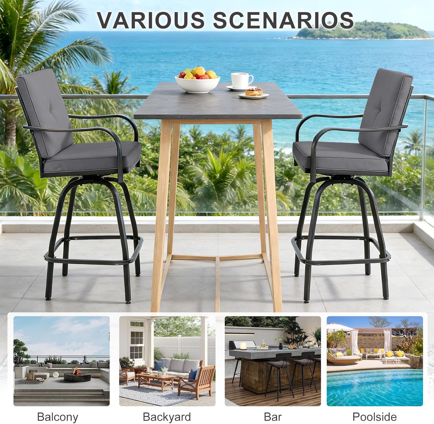 Patio Swivel Bar Stools Set of 2, Outdoor Bar Height Swivel Chairs with Cushions for Garden Balcony Backyard, Grey