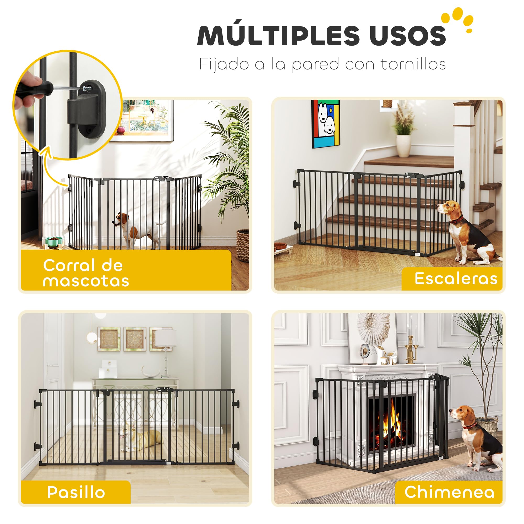 PawHut Barrera de Seguridad para Perros 202,5 cm Valla para Perros Plegable Rejilla de Protección de Chimenea con Puerta Auto Cierre para Escalera Pasillo Negro