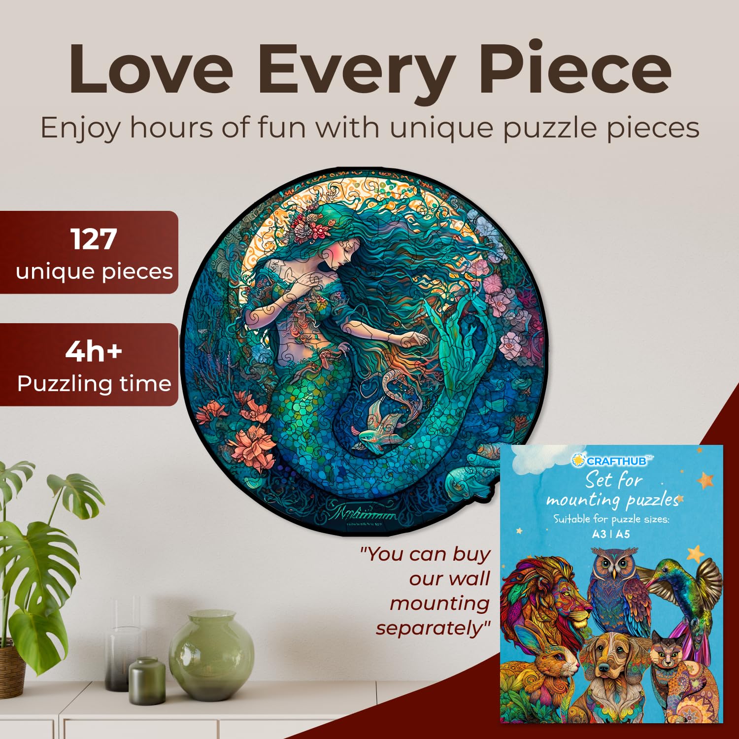 Mystical Creatures Wooden Puzzles for Adults, A3 Dreamy Mermaid with 127 Pieces, Jigsaw Puzzles with Unique Animal Shapes - Image 3