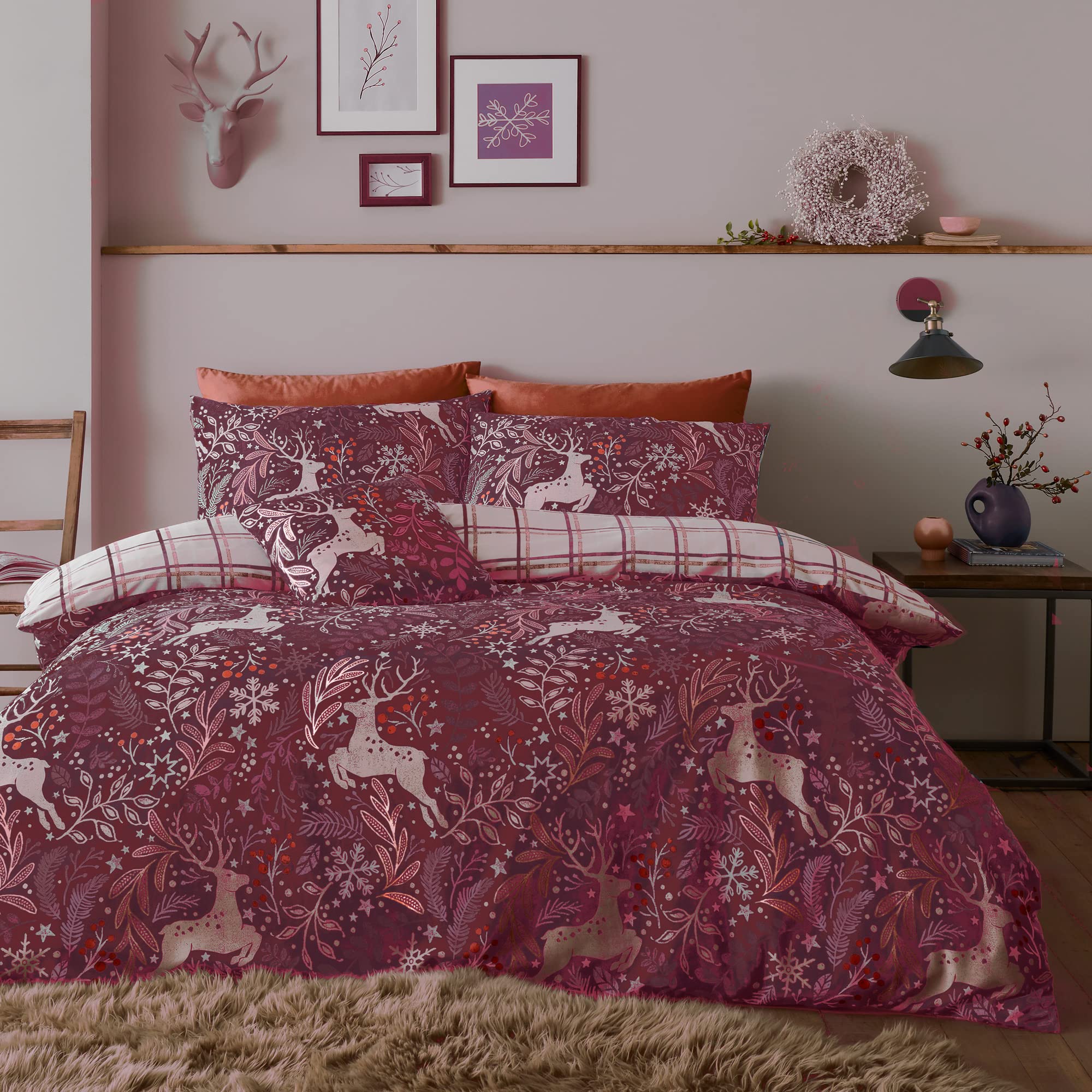 Happy Linen Company Girls Red Boys Kids Winter Stags Double Reversible Duvet Cover Bedding Set