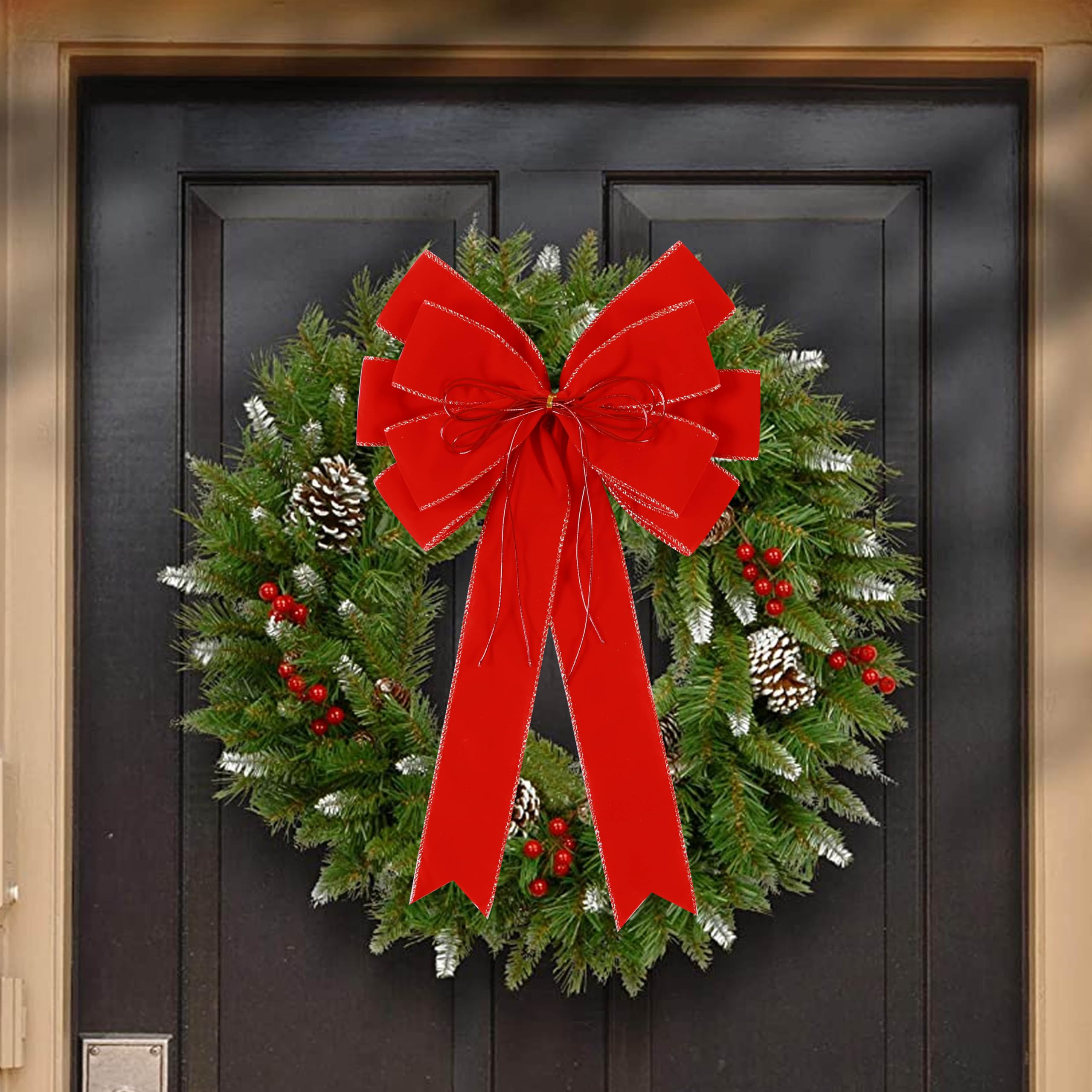 Crowye 2 Pcs Christmas Wreath Bows, 10x18 Inch Red Green Glitter Polka Dot Bows For Tree Topper, Decorations