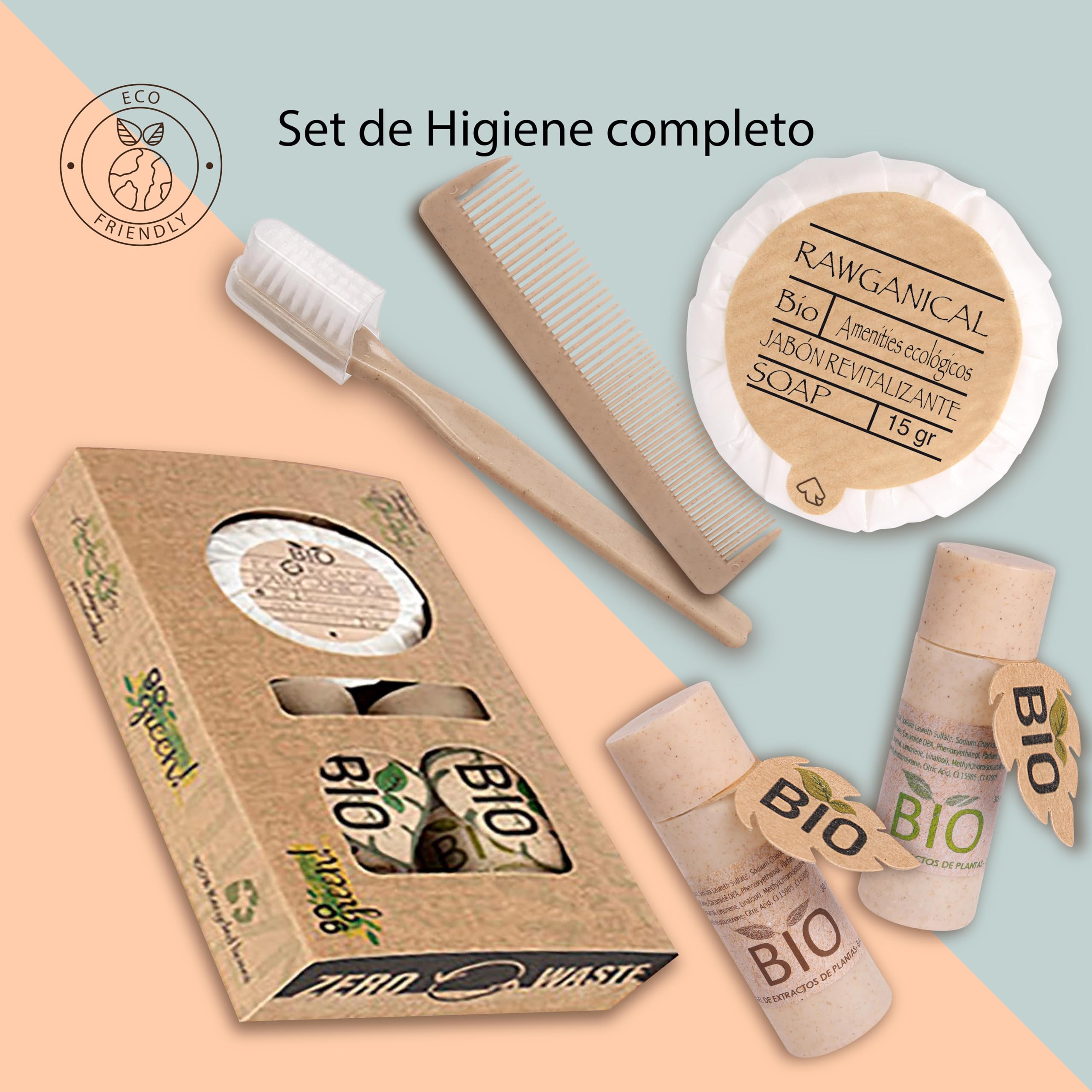 50 sets de higiene completos en caja Bio. Welcome pack para alojamientos turísticos 5 piezas | 100% ecológico | Amenities de bienvenida para hoteles y estructuras turísticas