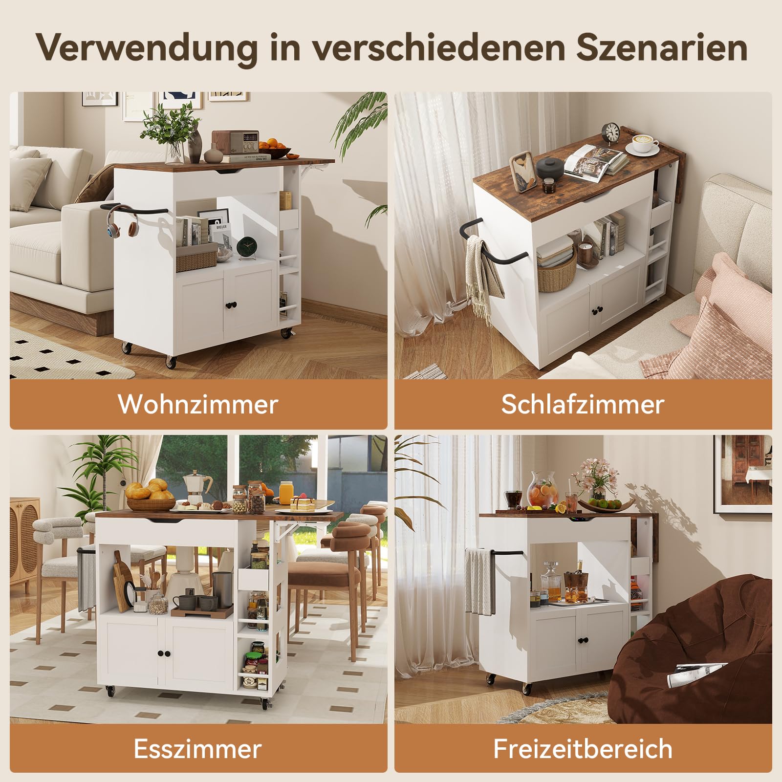 ARTETHYS Kücheninsel mit Klappbarer Arbeitsplatte, Rollwagen mit Schubladen und Türen, Servierwagen, Buffetschrank für Küche, Esszimmer & Outdoor, Weiß