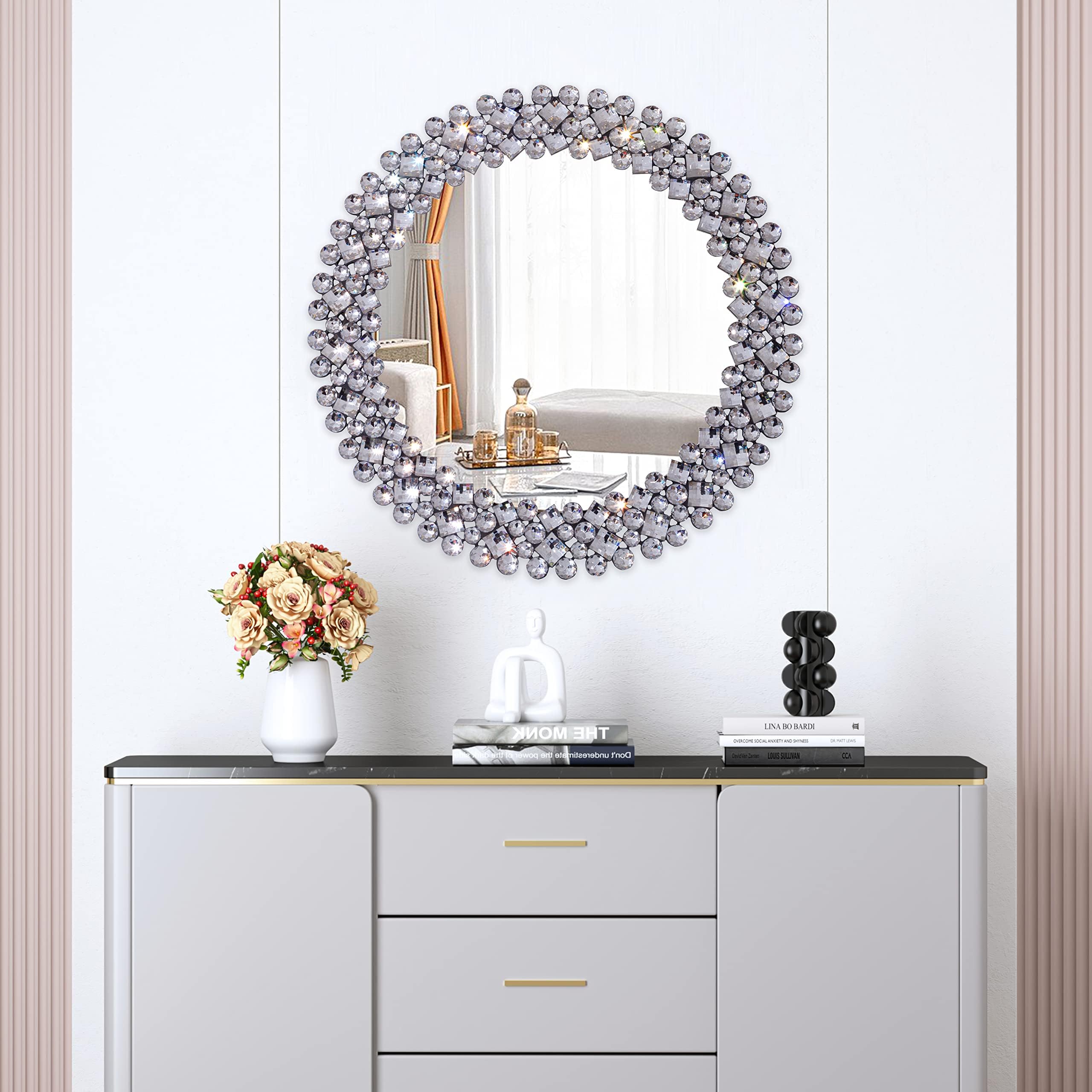 SHYFOY Espejo redondo de pared moderno con borde de joyas de cristal | Espejo redondo de lujo para baño, lavabo, salón, dormitorio, entrada | 60 x 60 cm