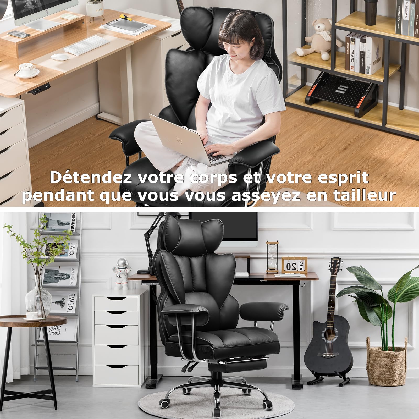 GTPLAYER Chaise Gaming, Fauteuil Gaming Ergonomique, Siège Réglable, Repose-Pieds Télescopique, pivotante, Supporte 180 kg, Noir