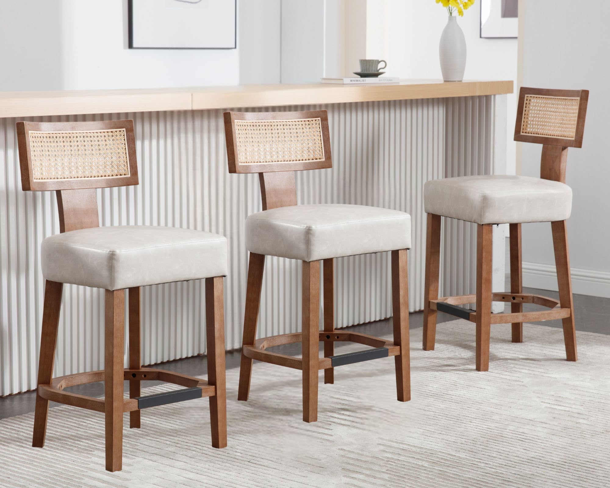 26’’ Rattan Barstools with Back Counter Height Bar Stool Set of 3, Grey PU Leather Modern Kitchen Counter Stools Upholstered Farmhouse Wicker Stool, Boho Bar Stool Chairs with Natural Wood Frame