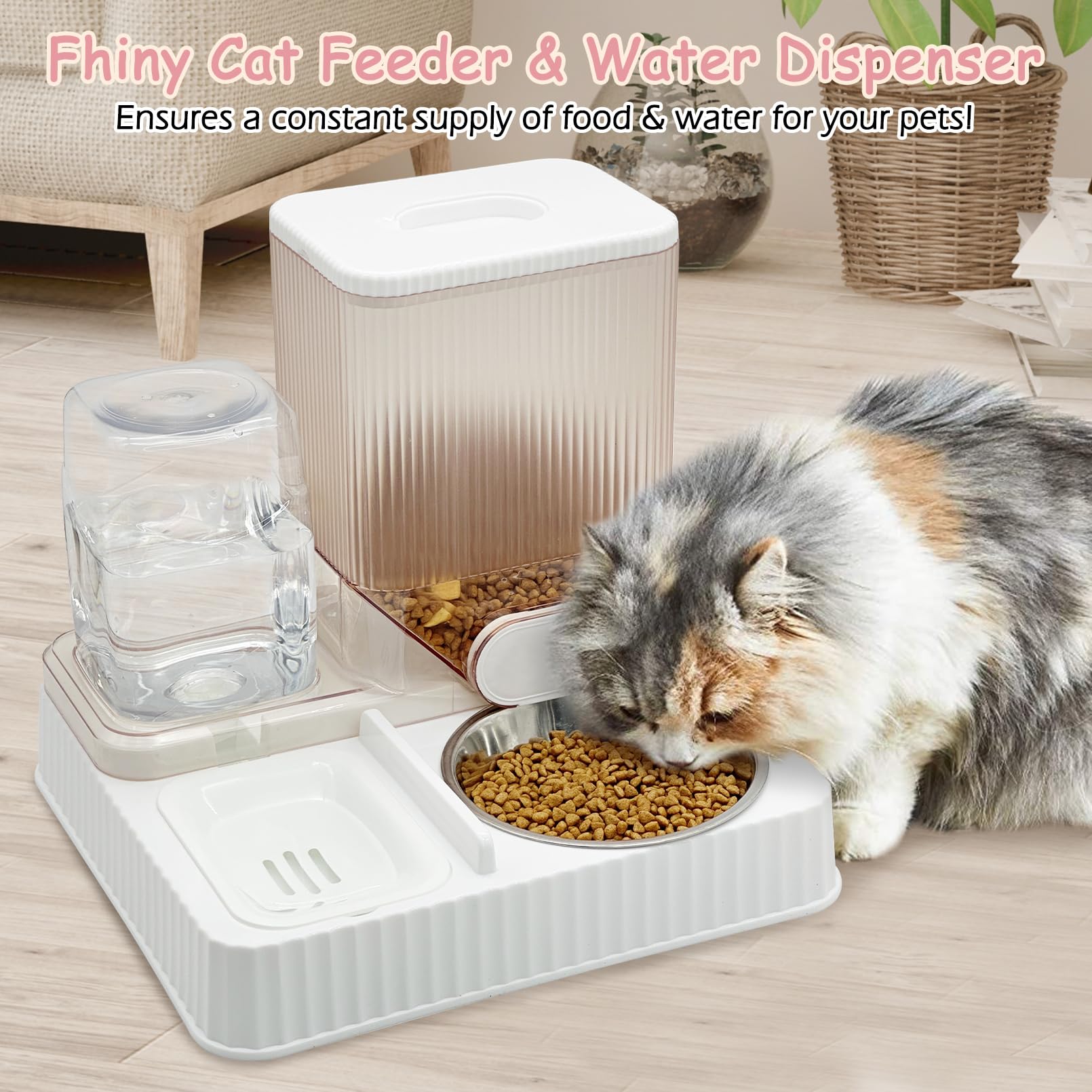 Fhiny Gravity Cat Feeder and Water Dispenser, 2 in 1 Automatic Pet Waterer Detachable Stainless Steel Food Bowls Set Pet Food Storage for Small Dog Puppy Cat Kitten Pet Easy Clean (Grey)