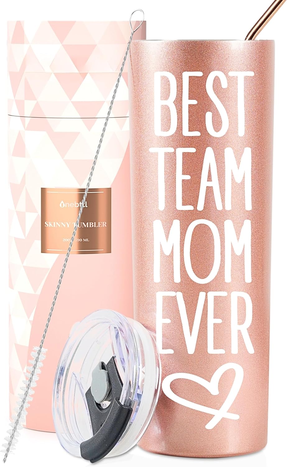 Onebttl Team Mom Gifts for Women, 20oz Skinny Tumblers, Base Ball and Soccer Mom Gifts, Rose Gold, Best